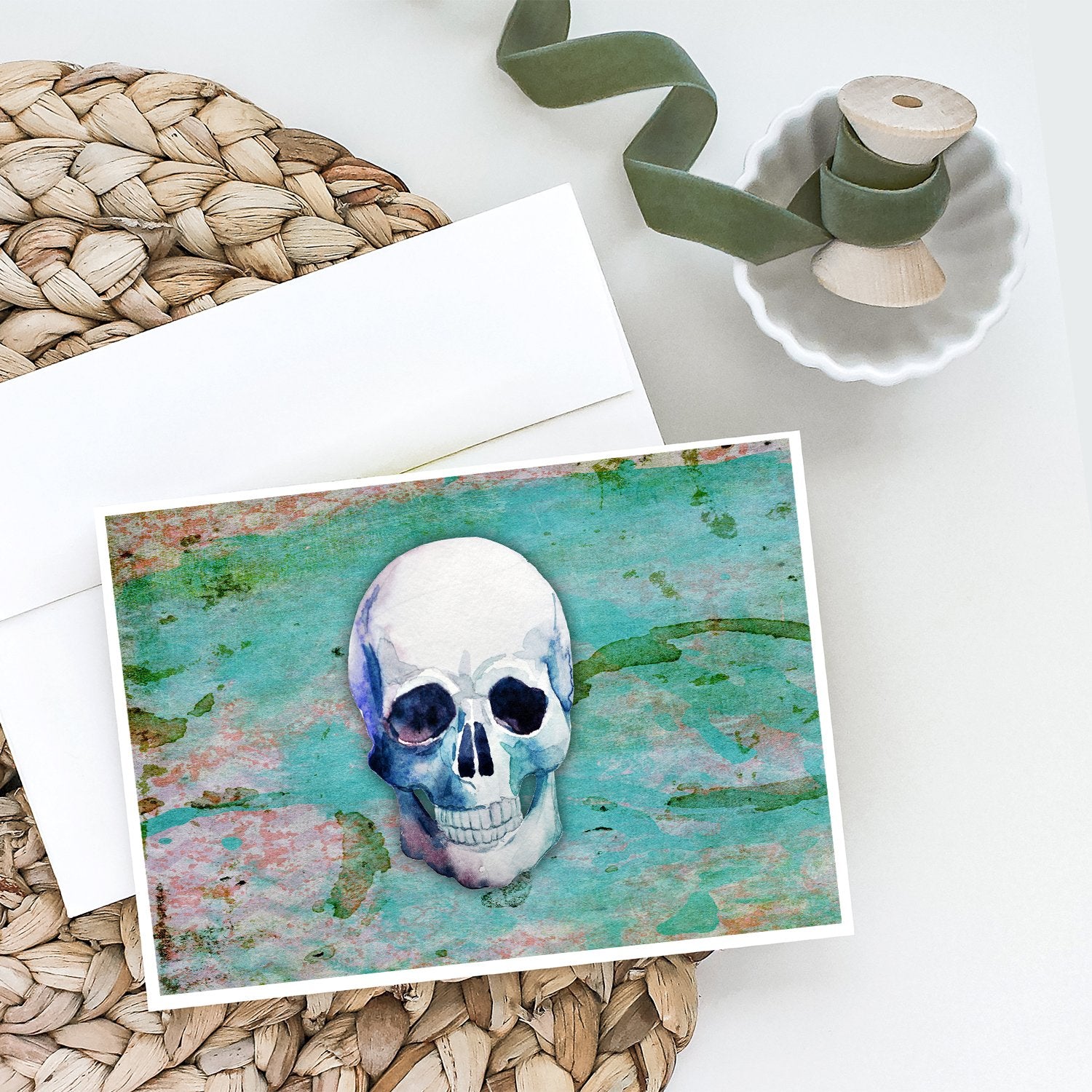 Day of the Dead Teal Skull Greeting Cards and Envelopes Pack of 8 - the-store.com