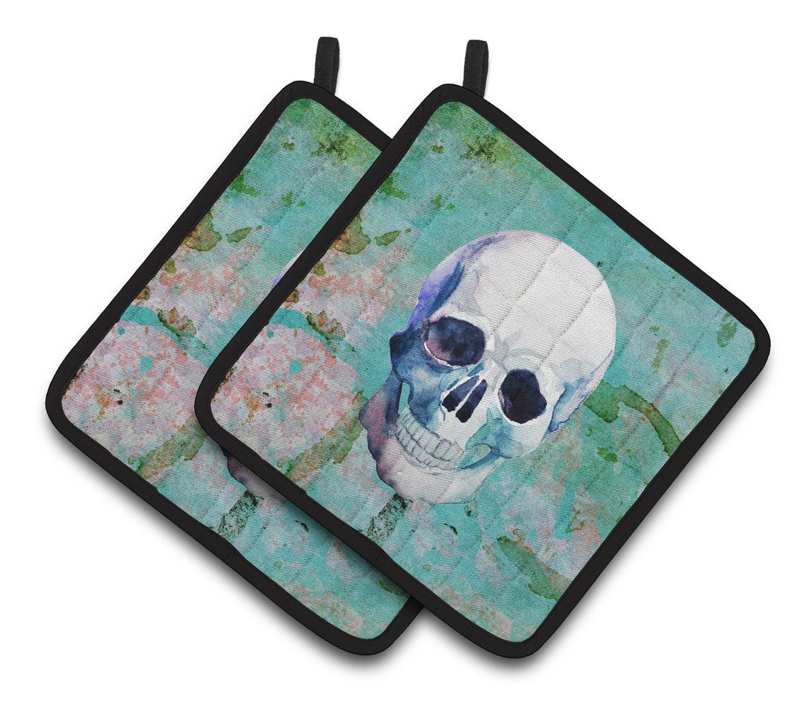 Day of the Dead Teal Skull Pair of Pot Holders BB5123PTHD by Caroline&#39;s Treasures