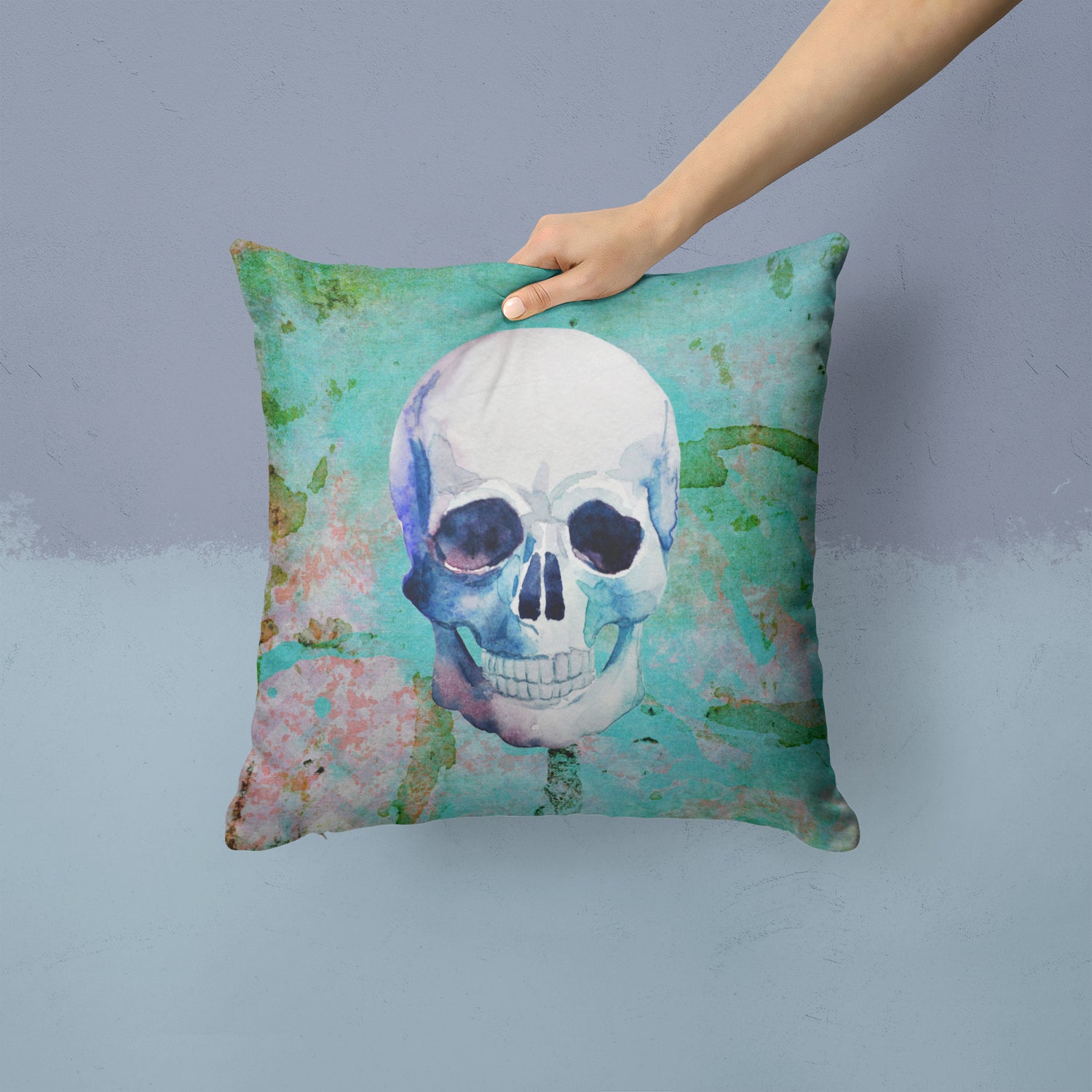Day of the Dead Teal Skull Fabric Decorative Pillow BB5123PW1414 - the-store.com