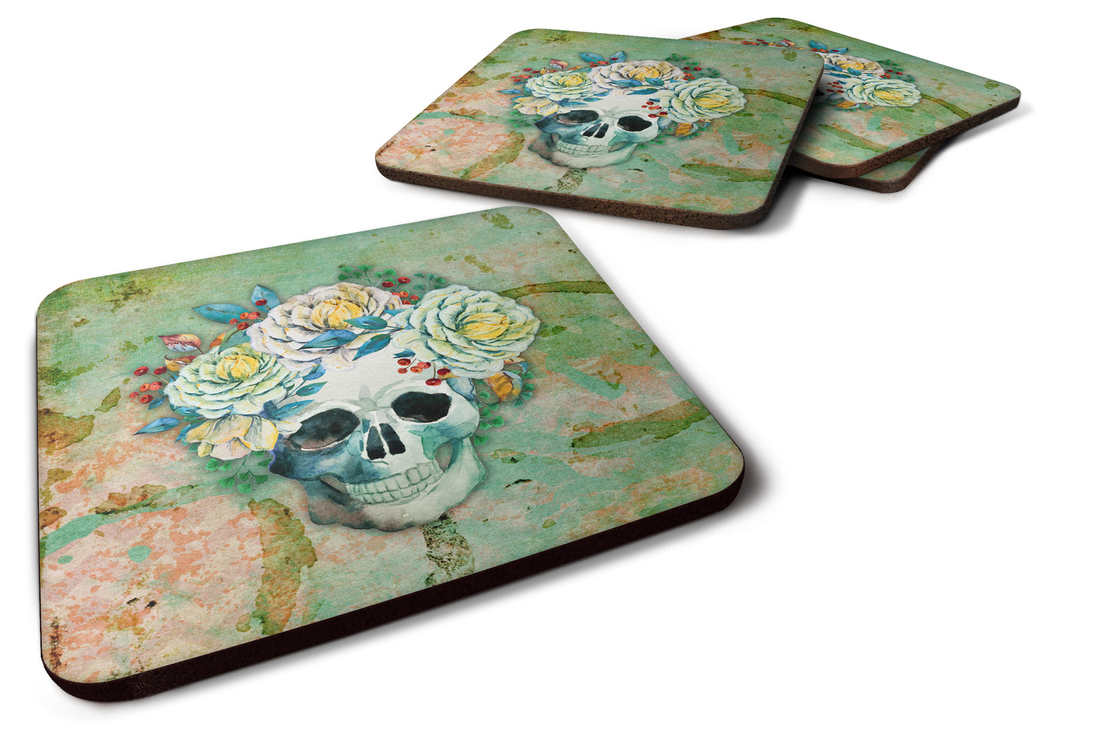 Day of the Dead Skull with Flowers Foam Coaster Set of 4 BB5124FC - the-store.com