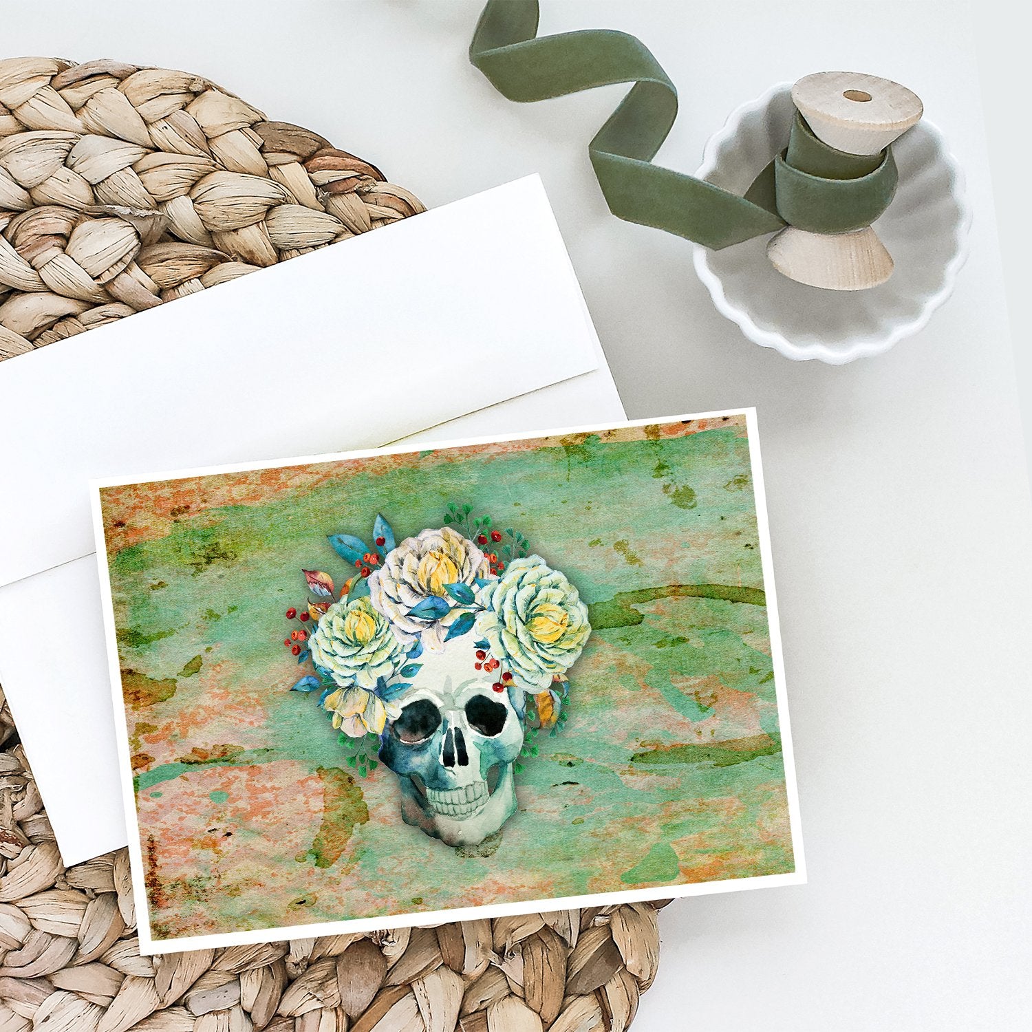 Day of the Dead Skull with Flowers Greeting Cards and Envelopes Pack of 8 - the-store.com