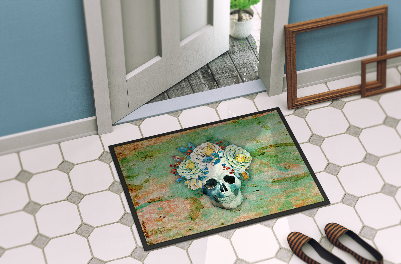 Day of the Dead Skull with Flowers Indoor or Outdoor Mat 18x27 BB5124MAT - the-store.com