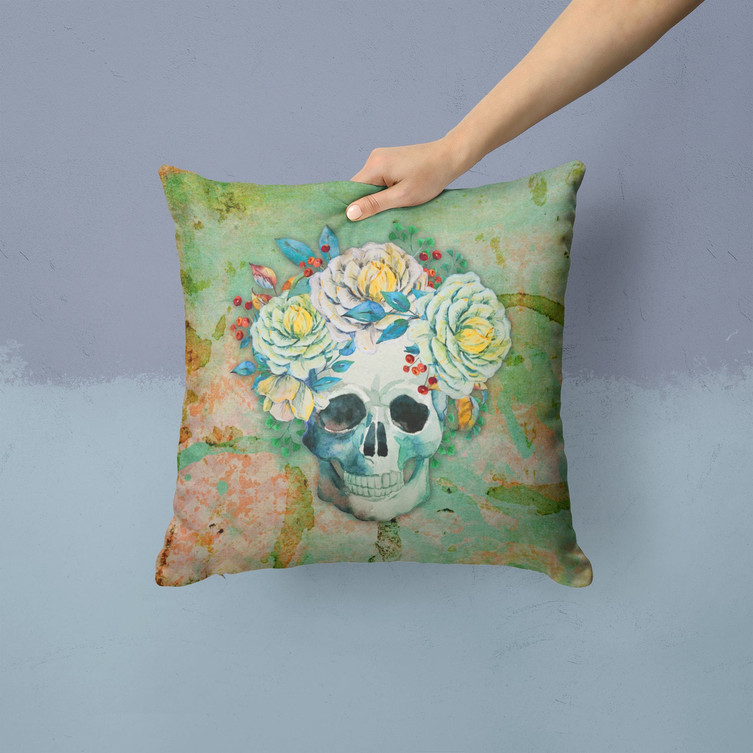 Day of the Dead Skull with Flowers Fabric Decorative Pillow BB5124PW1414 - the-store.com