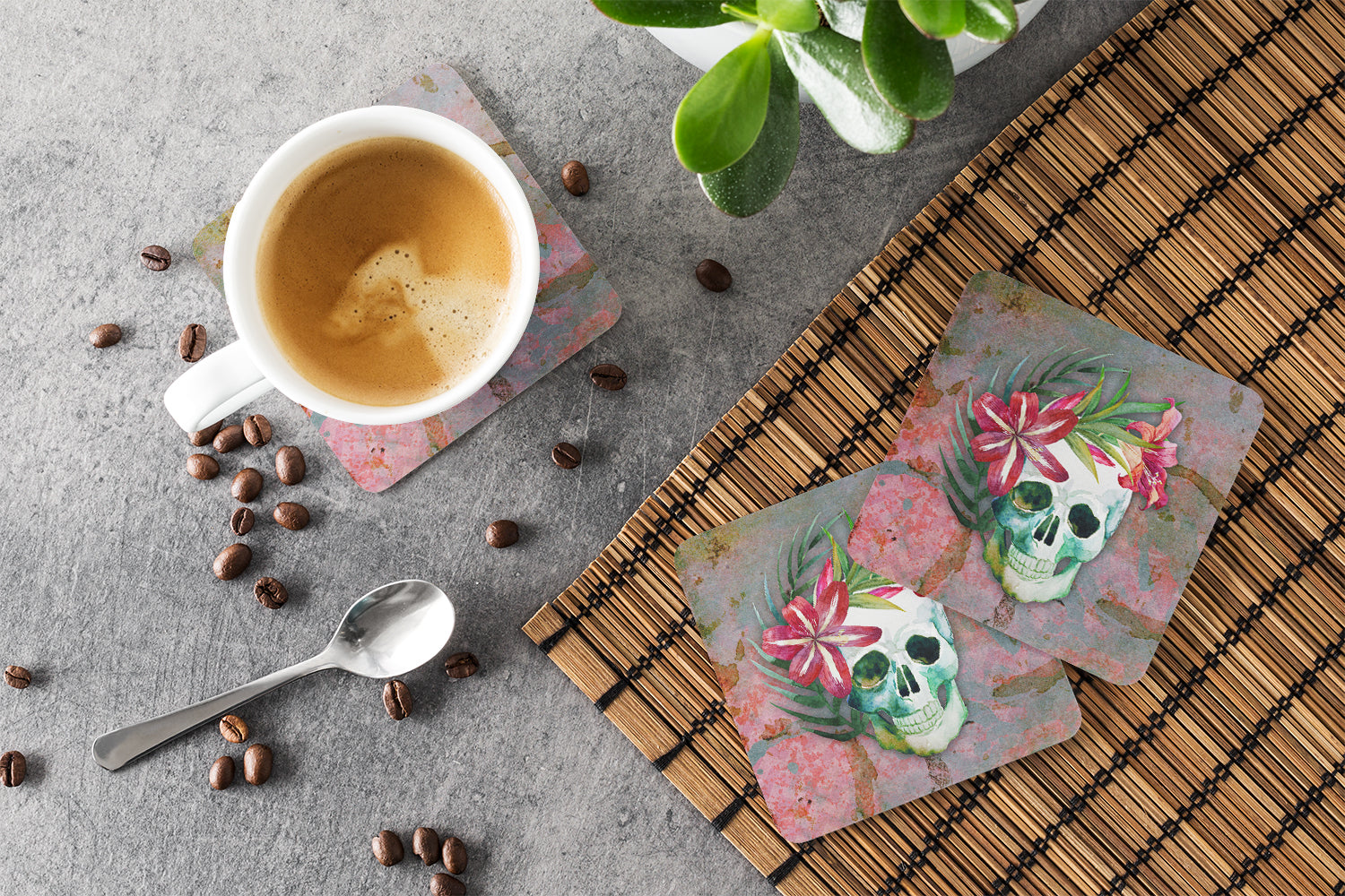 Day of the Dead Skull Flowers Foam Coaster Set of 4 BB5125FC - the-store.com