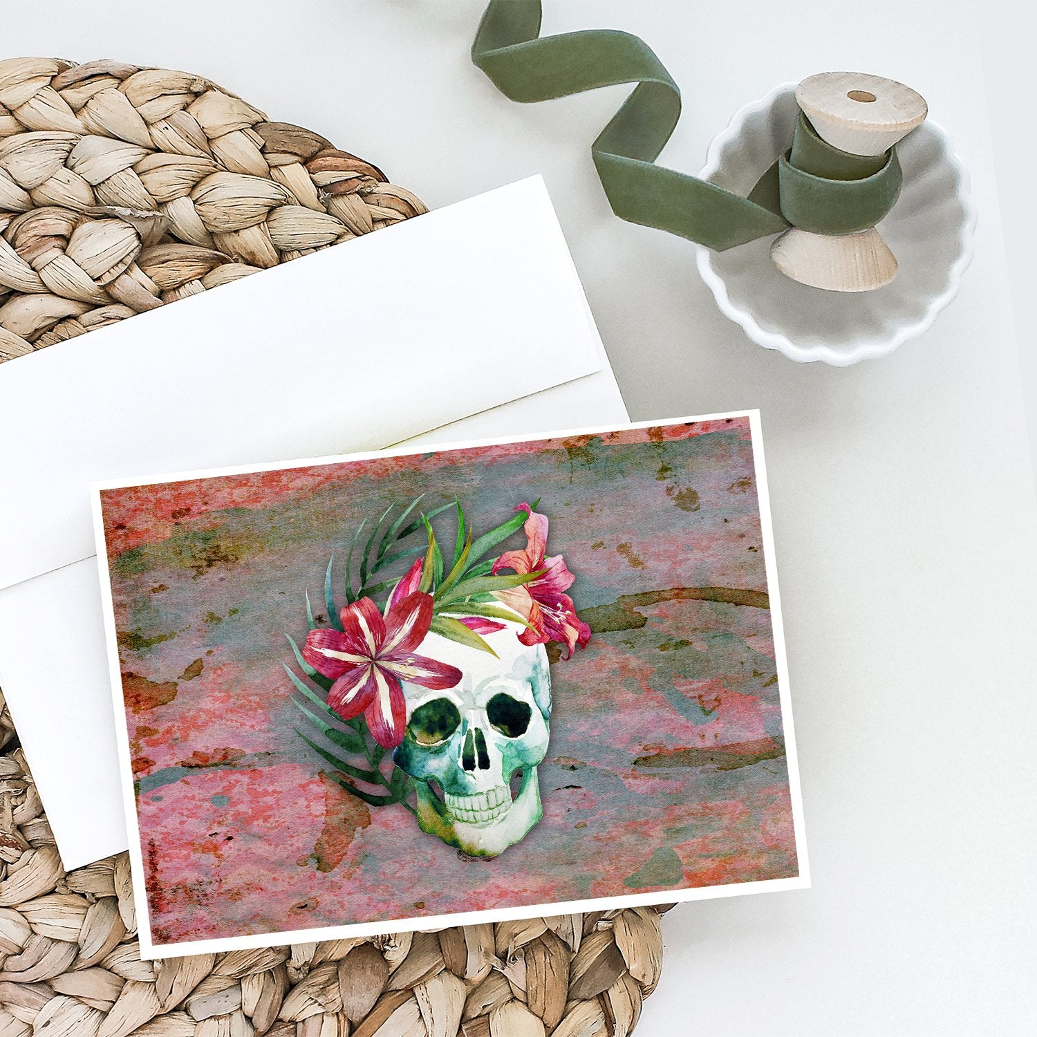 Day of the Dead Skull Flowers Greeting Cards and Envelopes Pack of 8 - the-store.com