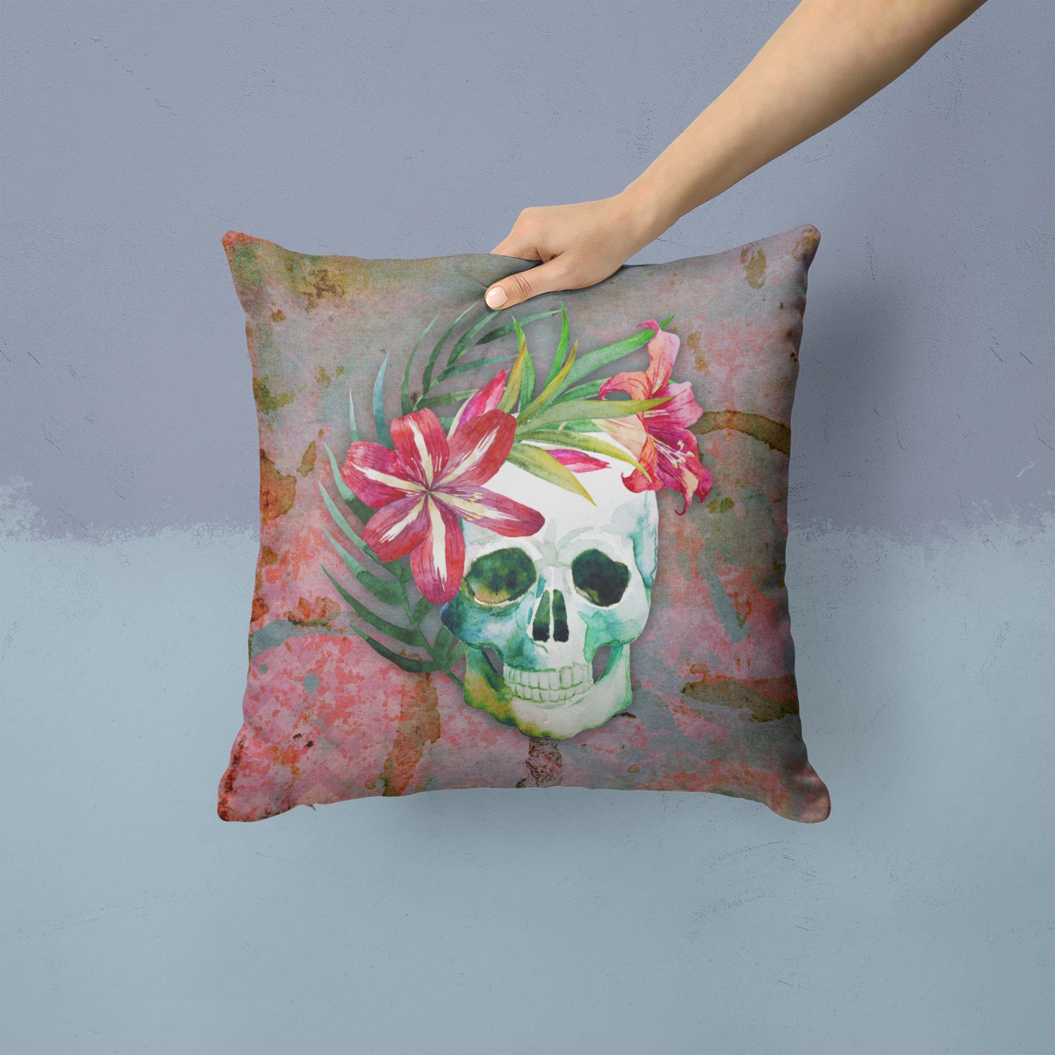 Day of the Dead Skull Flowers Fabric Decorative Pillow BB5125PW1414 - the-store.com