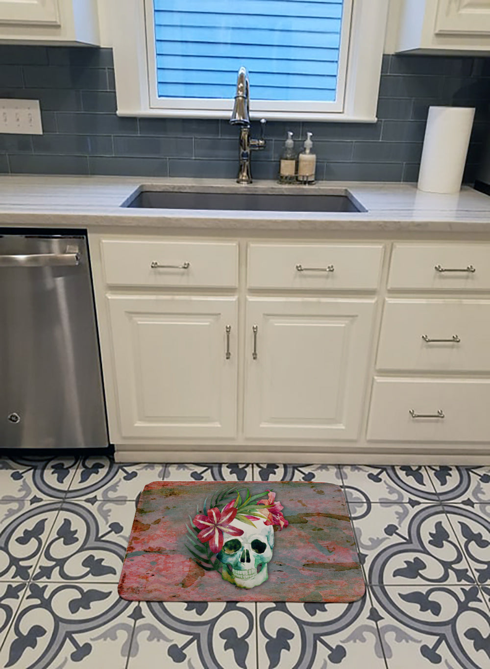 Day of the Dead Skull Flowers Machine Washable Memory Foam Mat BB5125RUG - the-store.com