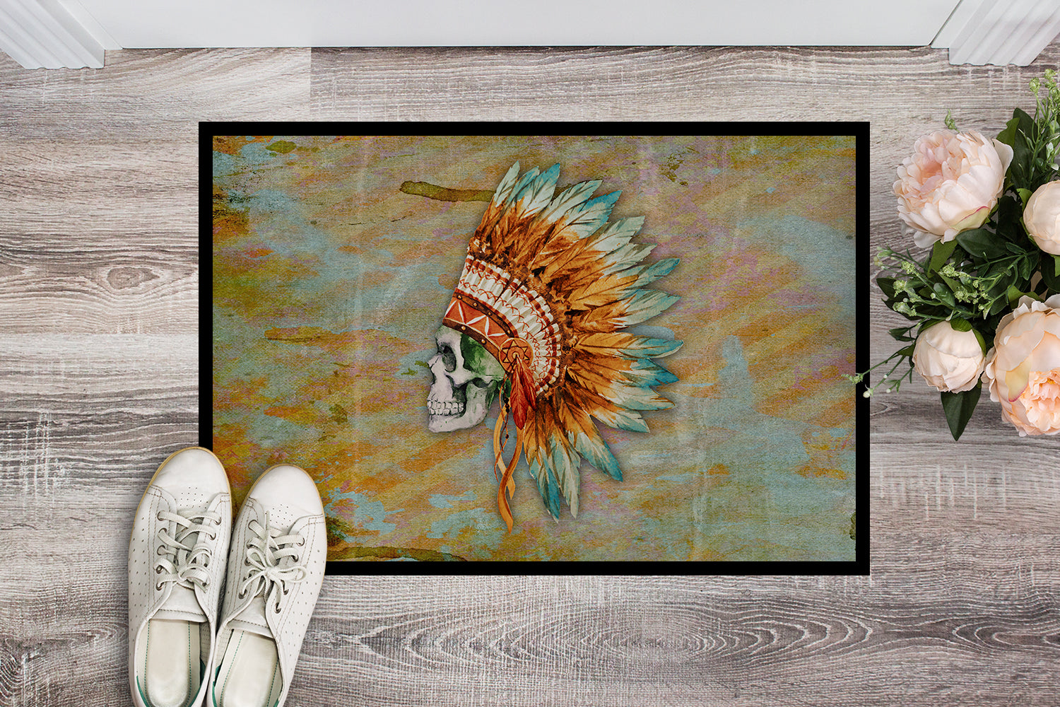 Day of the Dead Indian Skull  Indoor or Outdoor Mat 18x27 BB5127MAT - the-store.com