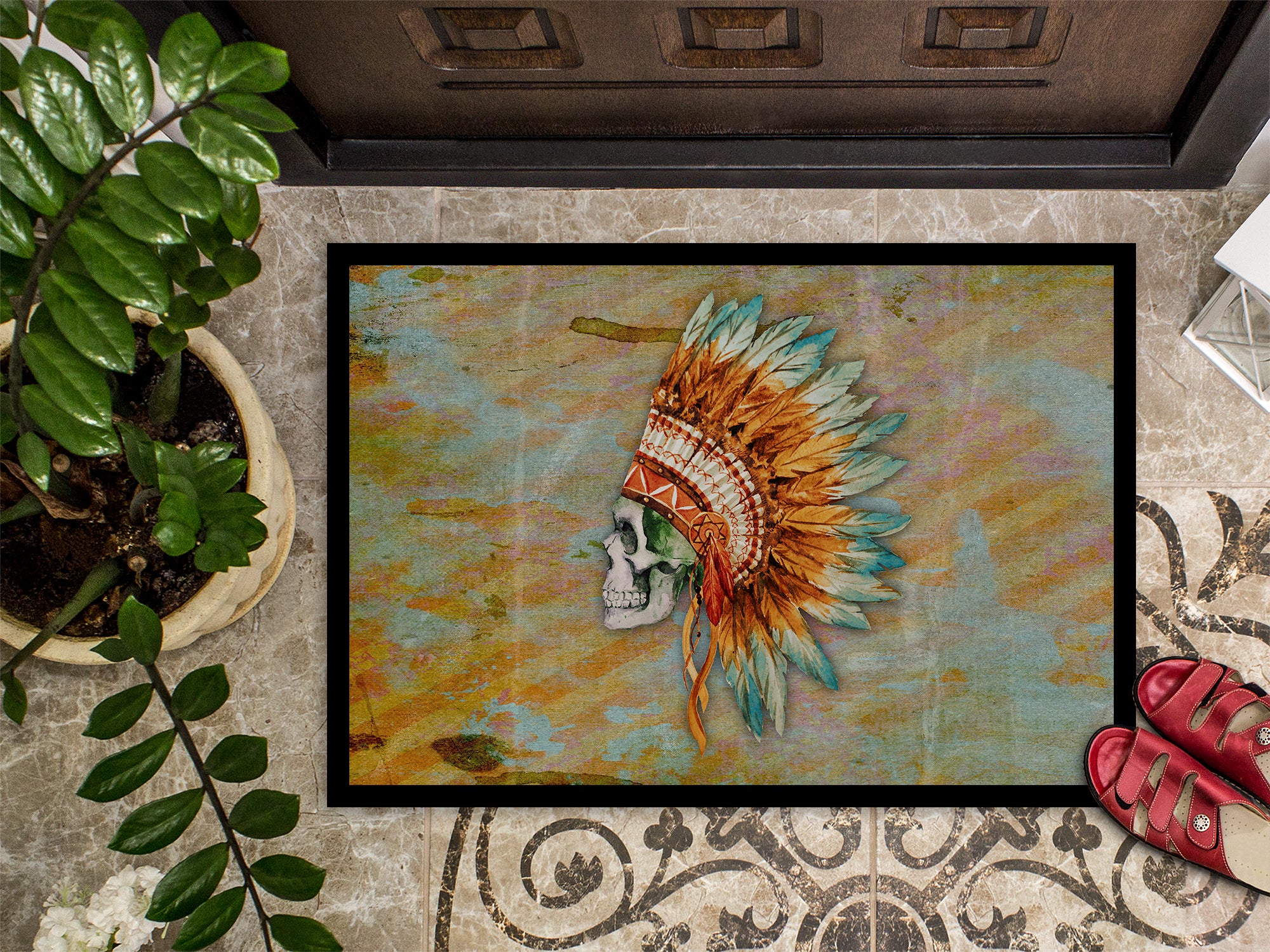 Day of the Dead Indian Skull  Indoor or Outdoor Mat 18x27 BB5127MAT - the-store.com