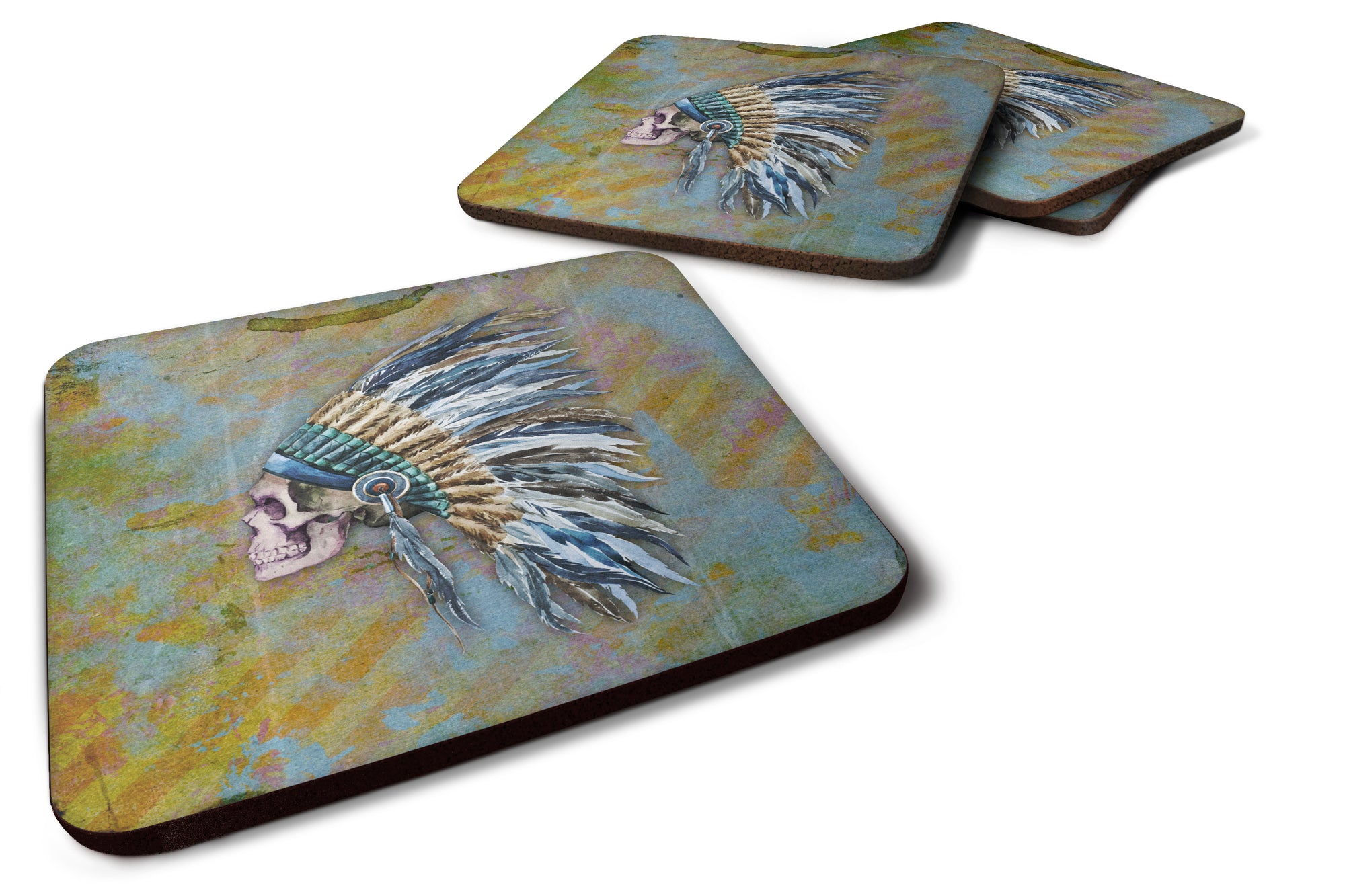 Day of the Dead Indian Chief Skull  Foam Coaster Set of 4 BB5128FC - the-store.com