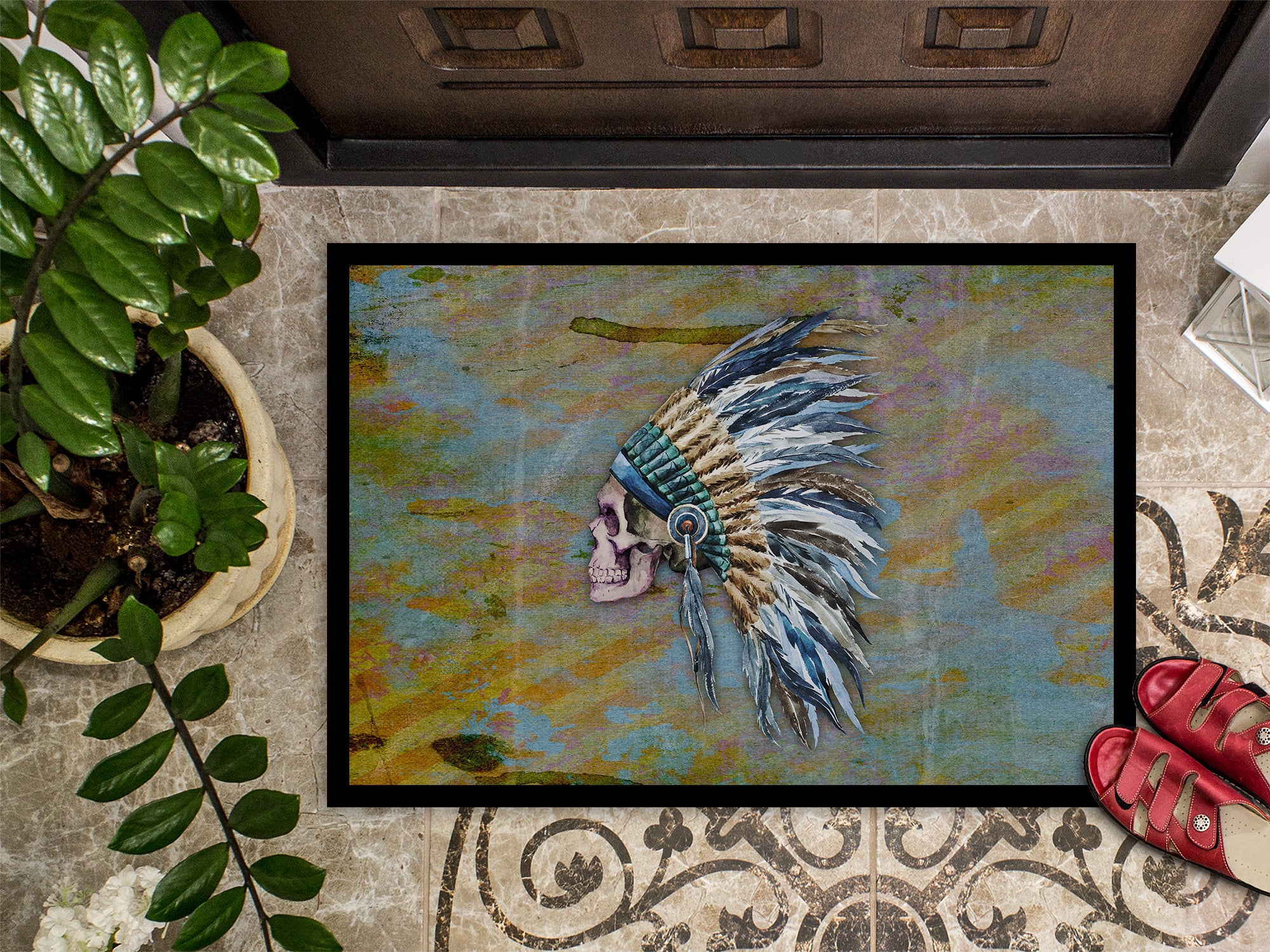 Day of the Dead Indian Chief Skull  Indoor or Outdoor Mat 18x27 BB5128MAT - the-store.com