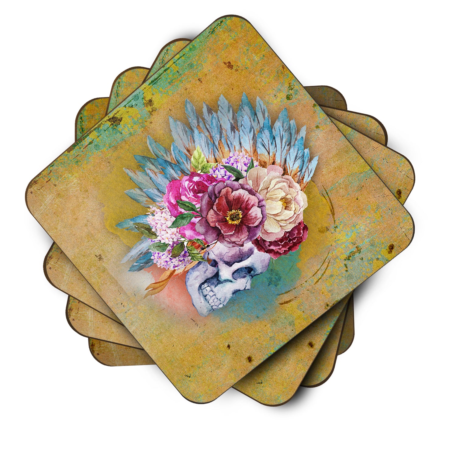 Day of the Dead Flowers Skull  Foam Coaster Set of 4 BB5129FC - the-store.com