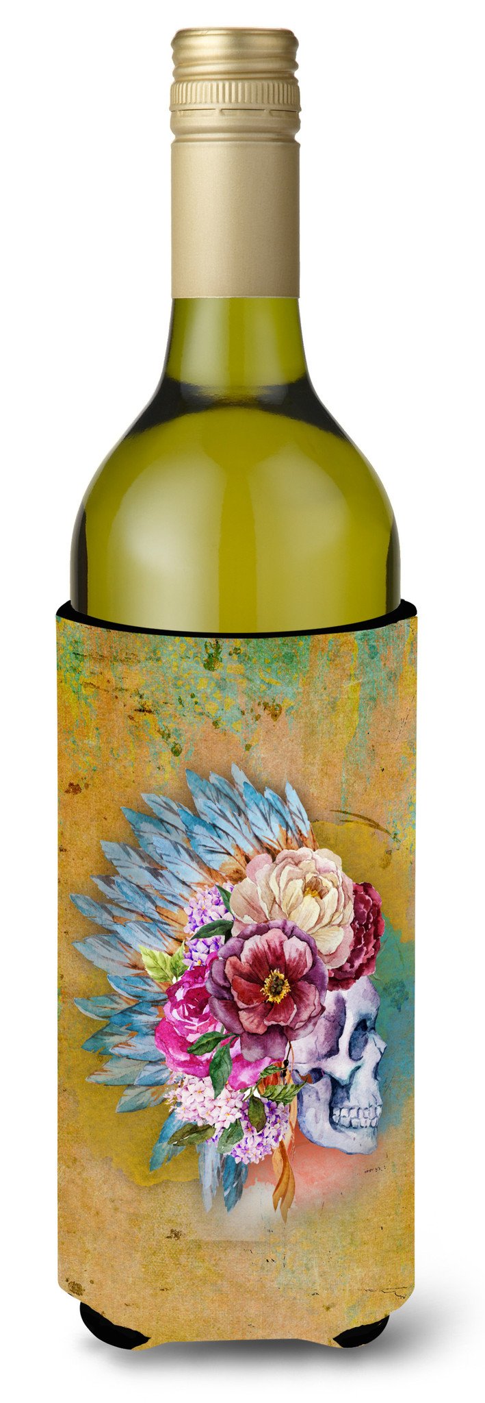 Day of the Dead Flowers Skull  Wine Bottle Beverge Insulator Hugger BB5129LITERK by Caroline&#39;s Treasures