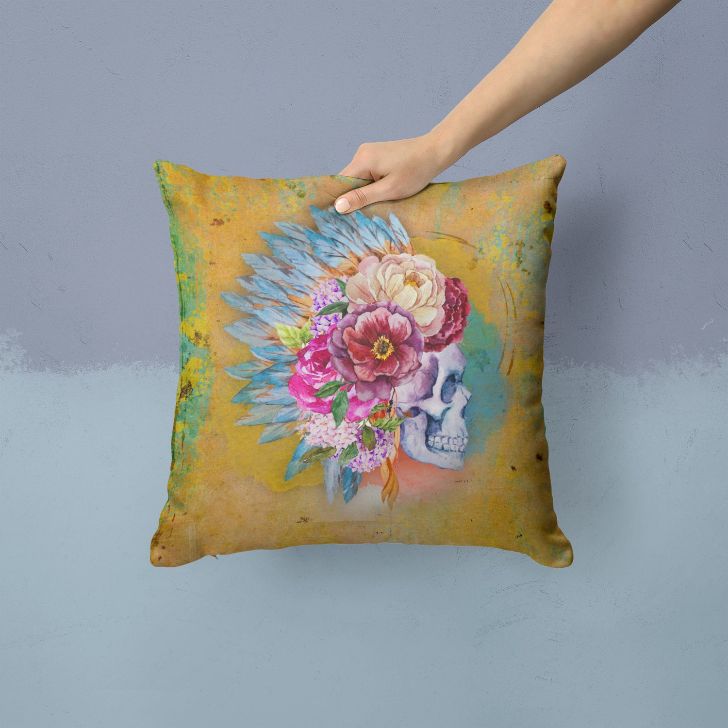 Day of the Dead Flowers Skull  Fabric Decorative Pillow BB5129PW1414 - the-store.com