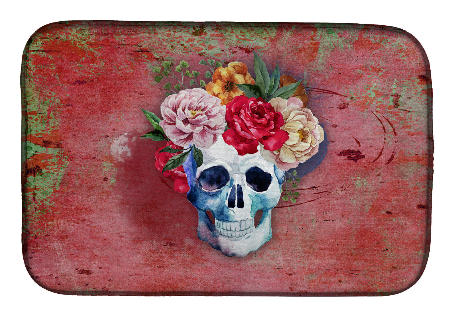 Day of the Dead Red Flowers Skull  Dish Drying Mat BB5130DDM