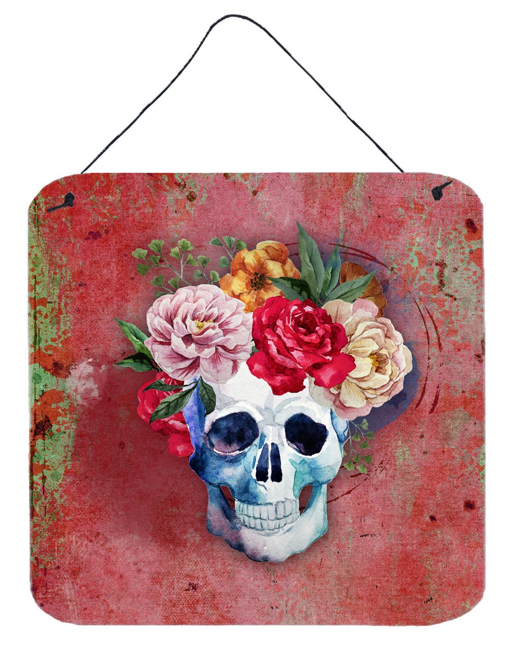 Day of the Dead Red Flowers Skull  Wall or Door Hanging Prints BB5130DS66 by Caroline's Treasures