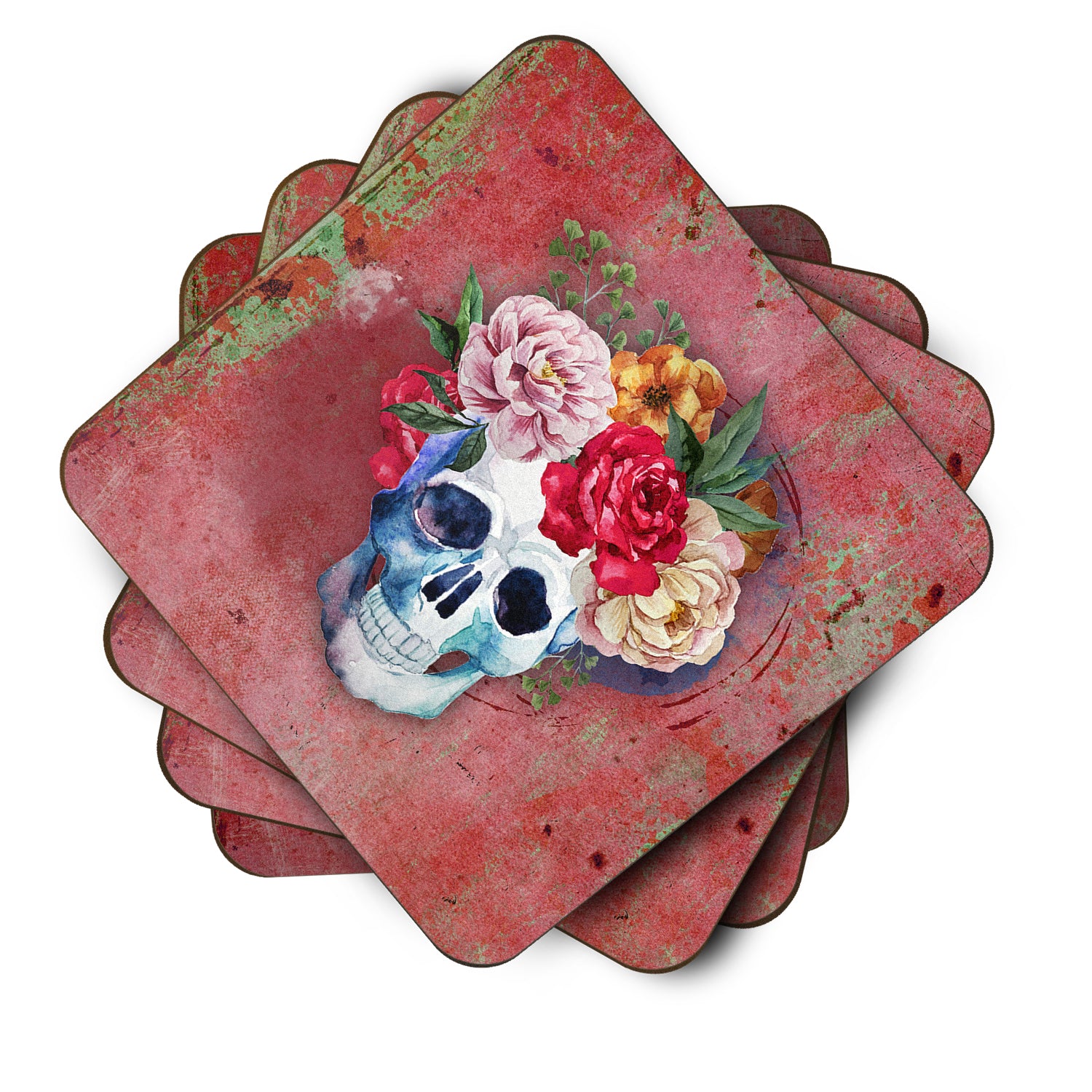 Day of the Dead Red Flowers Skull  Foam Coaster Set of 4 BB5130FC - the-store.com