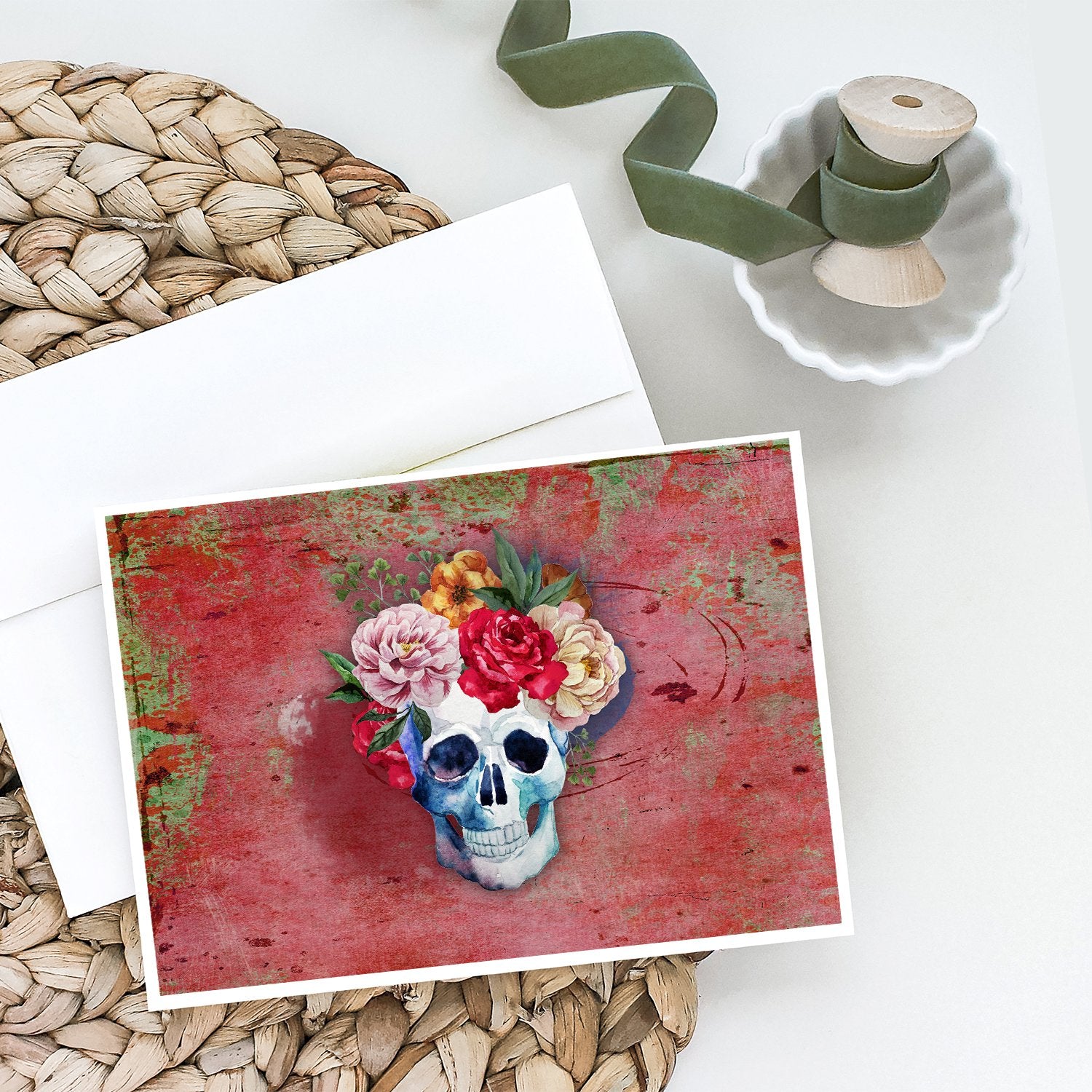 Day of the Dead Red Flowers Skull  Greeting Cards and Envelopes Pack of 8 - the-store.com