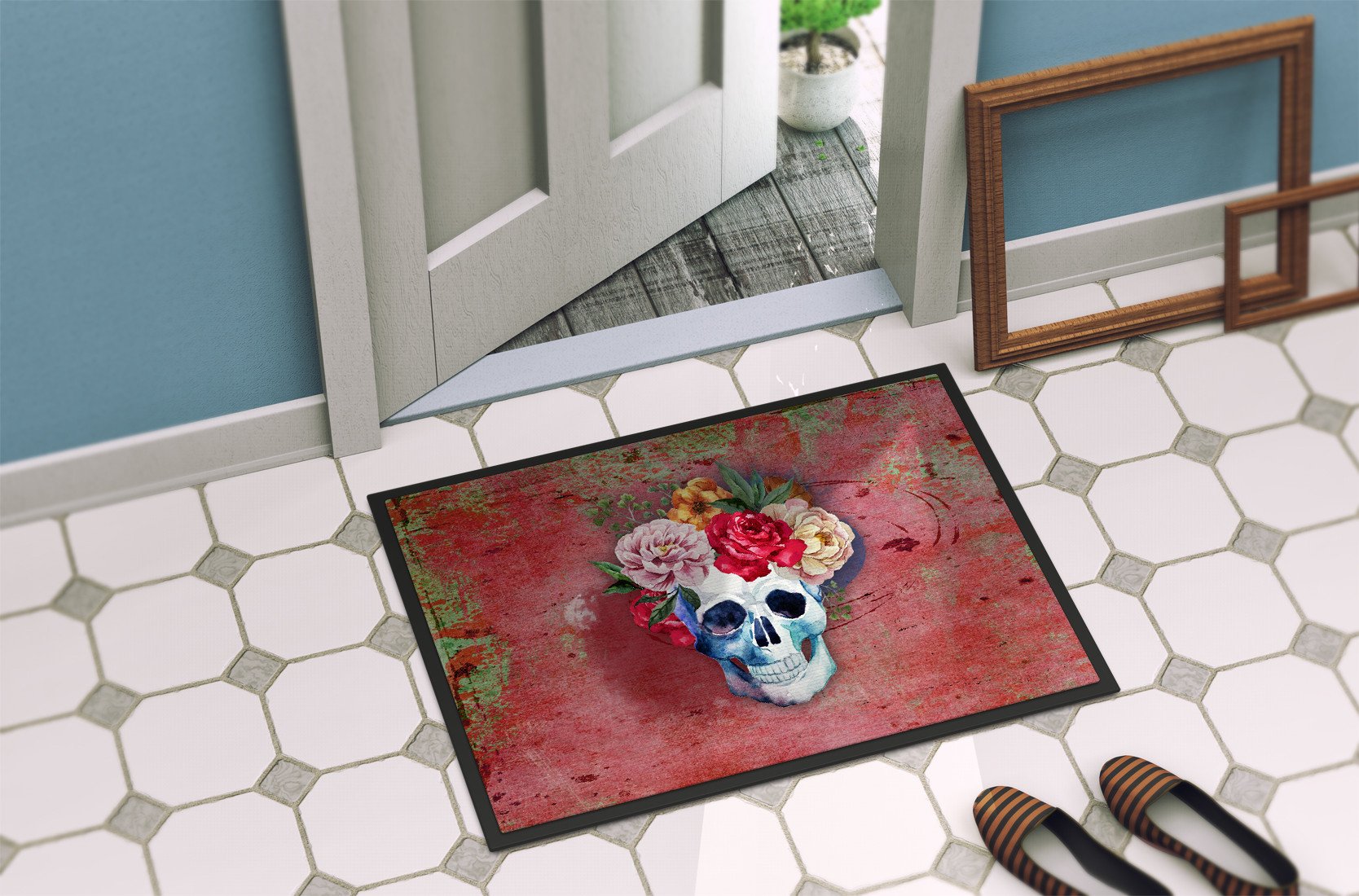 Day of the Dead Red Flowers Skull  Indoor or Outdoor Mat 24x36 BB5130JMAT by Caroline's Treasures