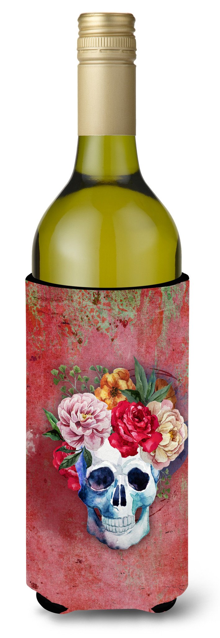 Day of the Dead Red Flowers Skull  Wine Bottle Beverge Insulator Hugger BB5130LITERK by Caroline&#39;s Treasures