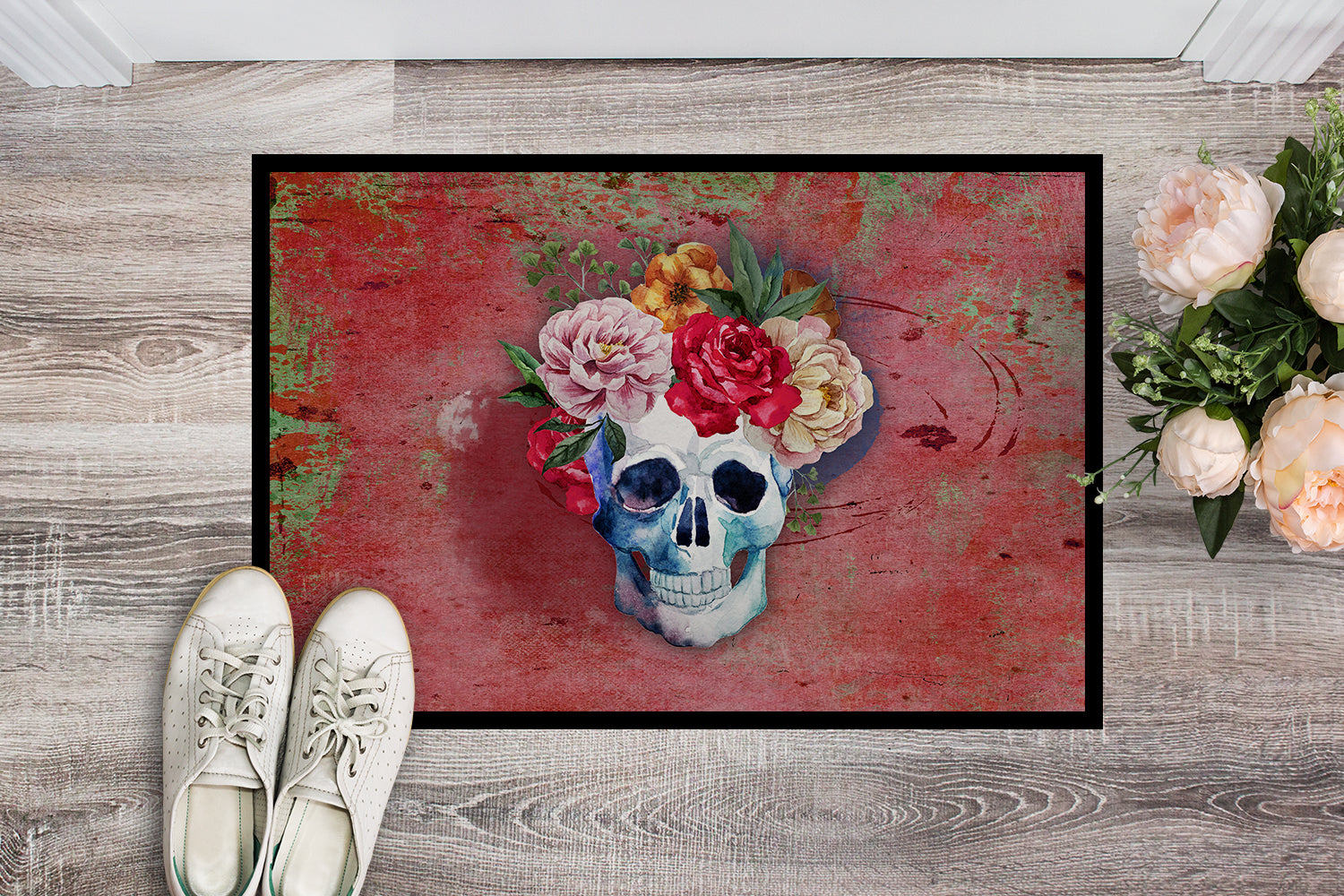 Day of the Dead Red Flowers Skull  Indoor or Outdoor Mat 18x27 BB5130MAT - the-store.com