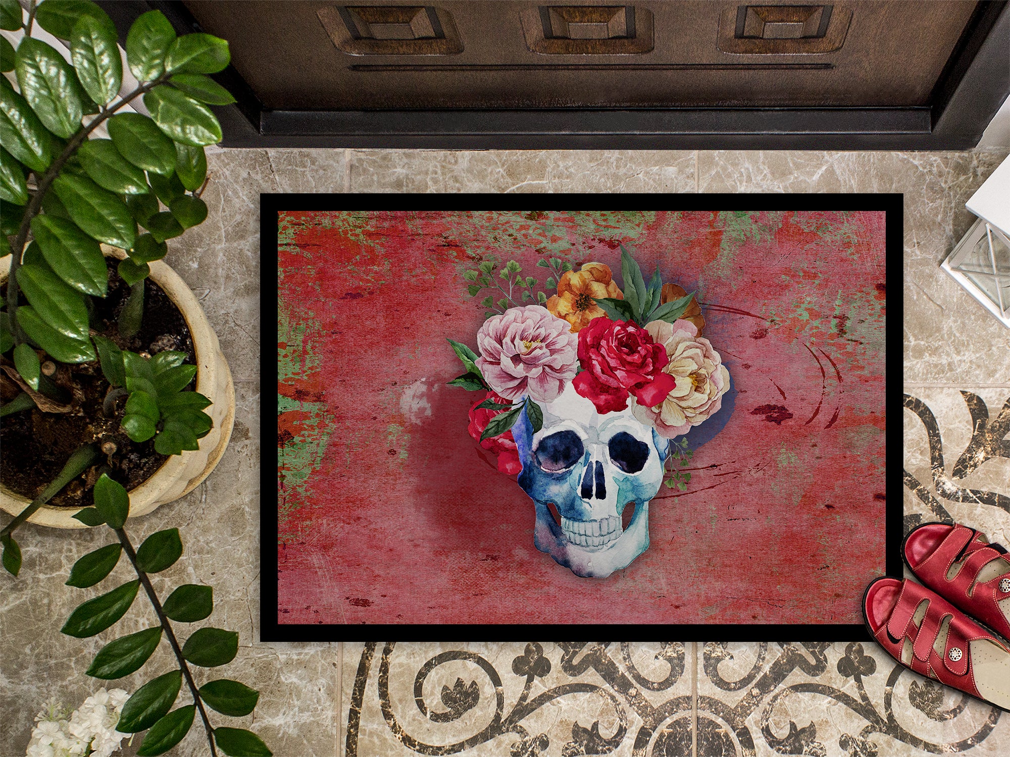 Day of the Dead Red Flowers Skull  Indoor or Outdoor Mat 18x27 BB5130MAT - the-store.com