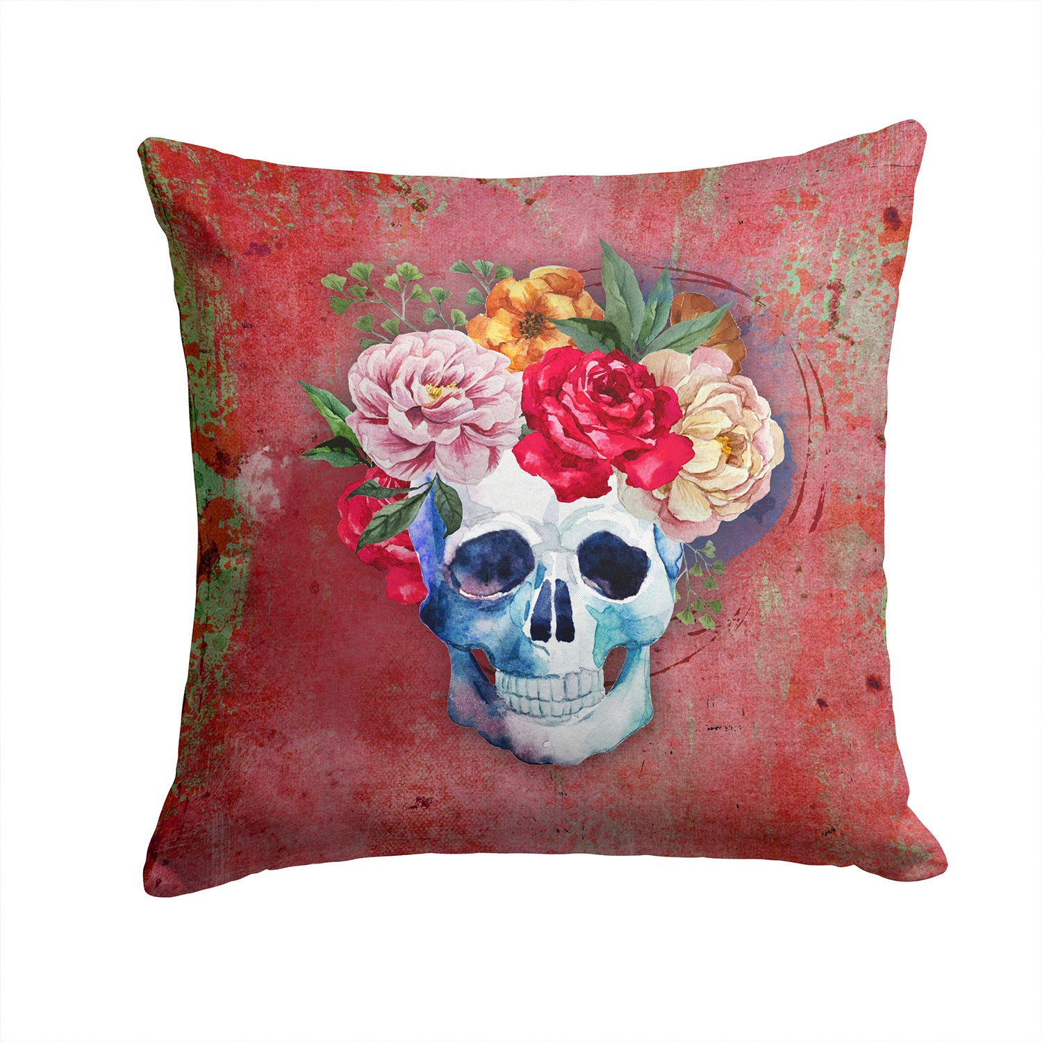 Day of the Dead Red Flowers Skull  Fabric Decorative Pillow BB5130PW1414 - the-store.com