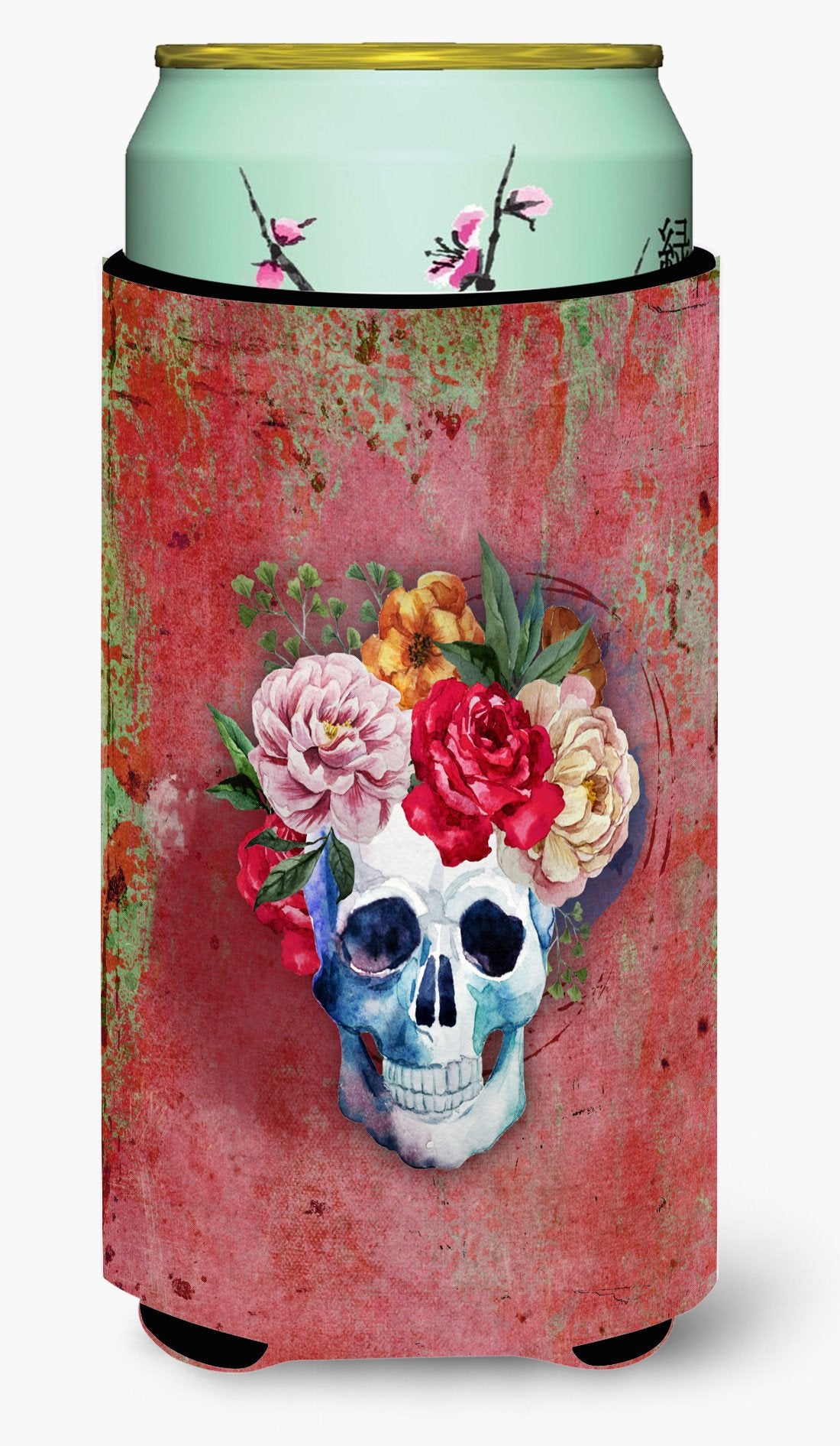 Day of the Dead Red Flowers Skull  Tall Boy Beverage Insulator Hugger BB5130TBC by Caroline&#39;s Treasures