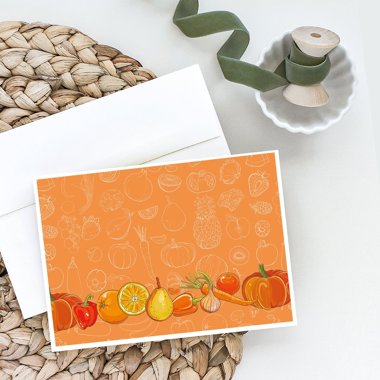 Fruits and Vegetables in Orange Greeting Cards and Envelopes Pack of 8 - the-store.com