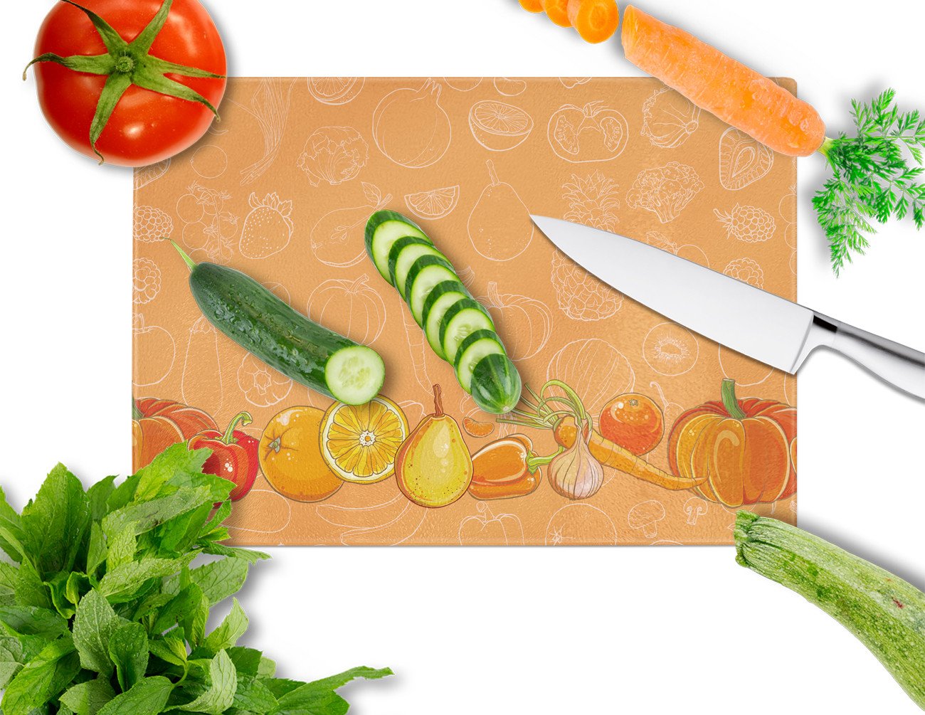 Fruits and Vegetables in Orange Glass Cutting Board Large BB5131LCB by Caroline's Treasures
