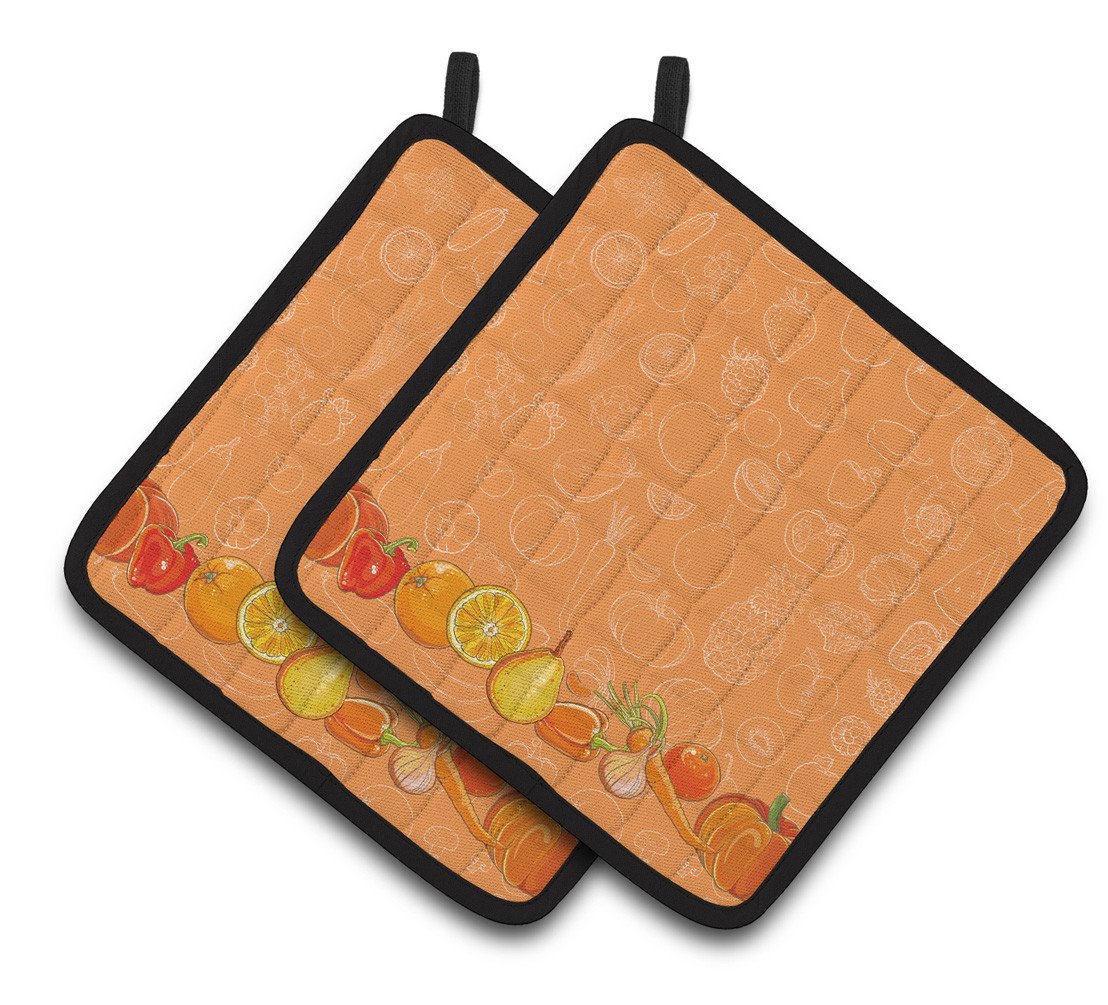 Fruits and Vegetables in Orange Pair of Pot Holders BB5131PTHD by Caroline&#39;s Treasures