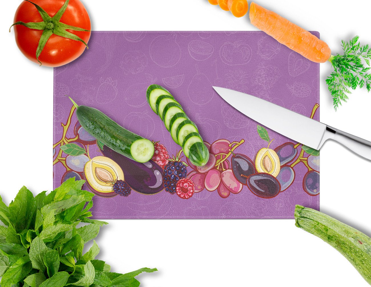 Caroline's Treasures Fruits and Vegetables in Purple Glass Cutting Boards – Durable, Decorative Kitchen Art Large BB5132LCB