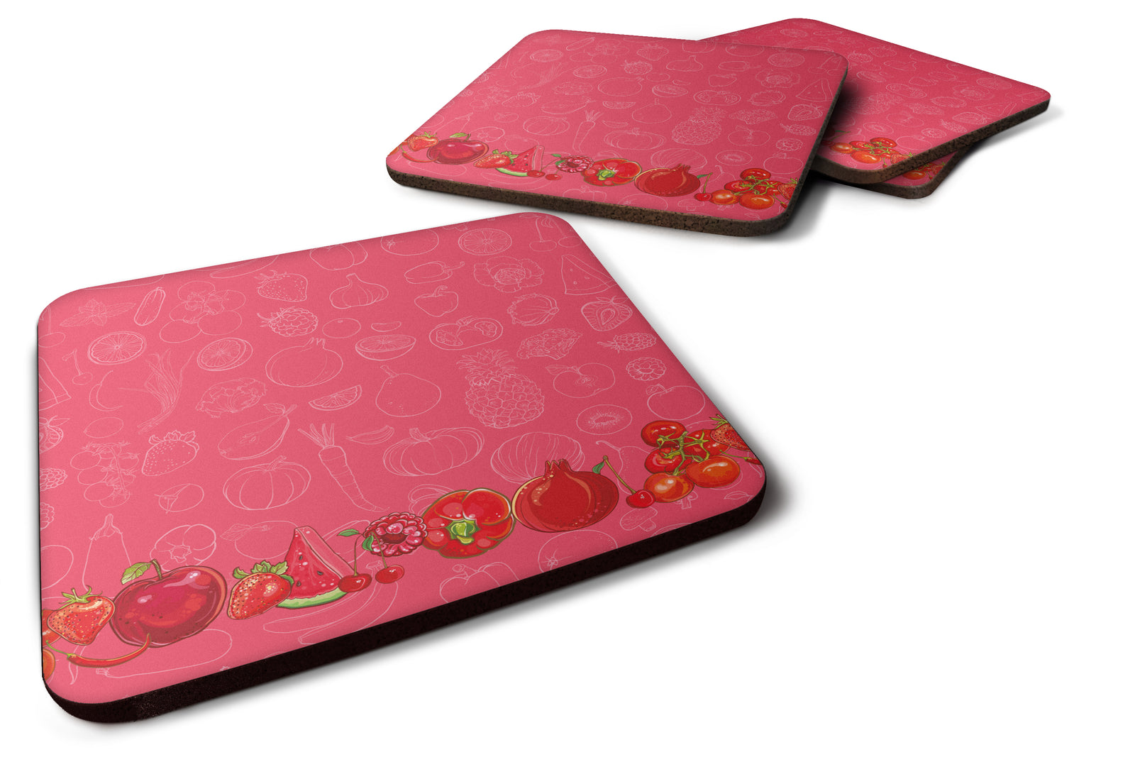 Fruits and Vegetables in Red Foam Coaster Set of 4 BB5133FC - the-store.com