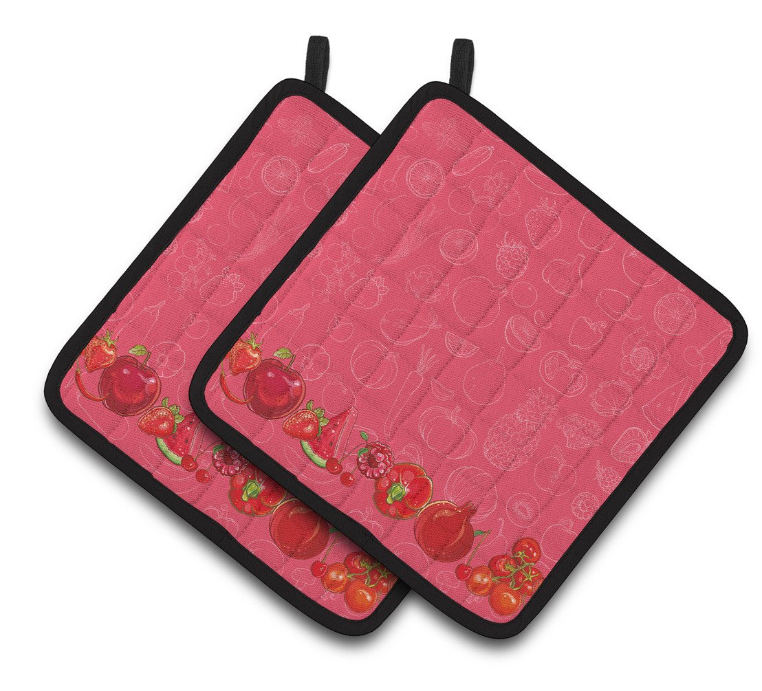 Fruits and Vegetables in Red Pair of Pot Holders BB5133PTHD by Caroline's Treasures