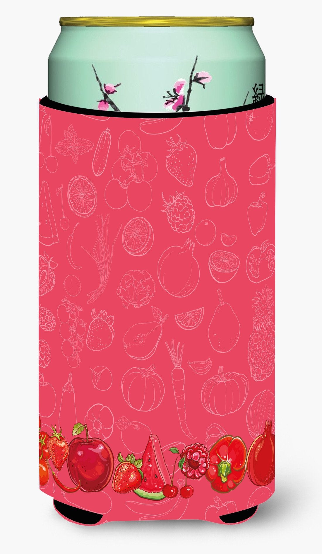 Fruits and Vegetables in Red Tall Boy Beverage Insulator Hugger BB5133TBC by Caroline's Treasures
