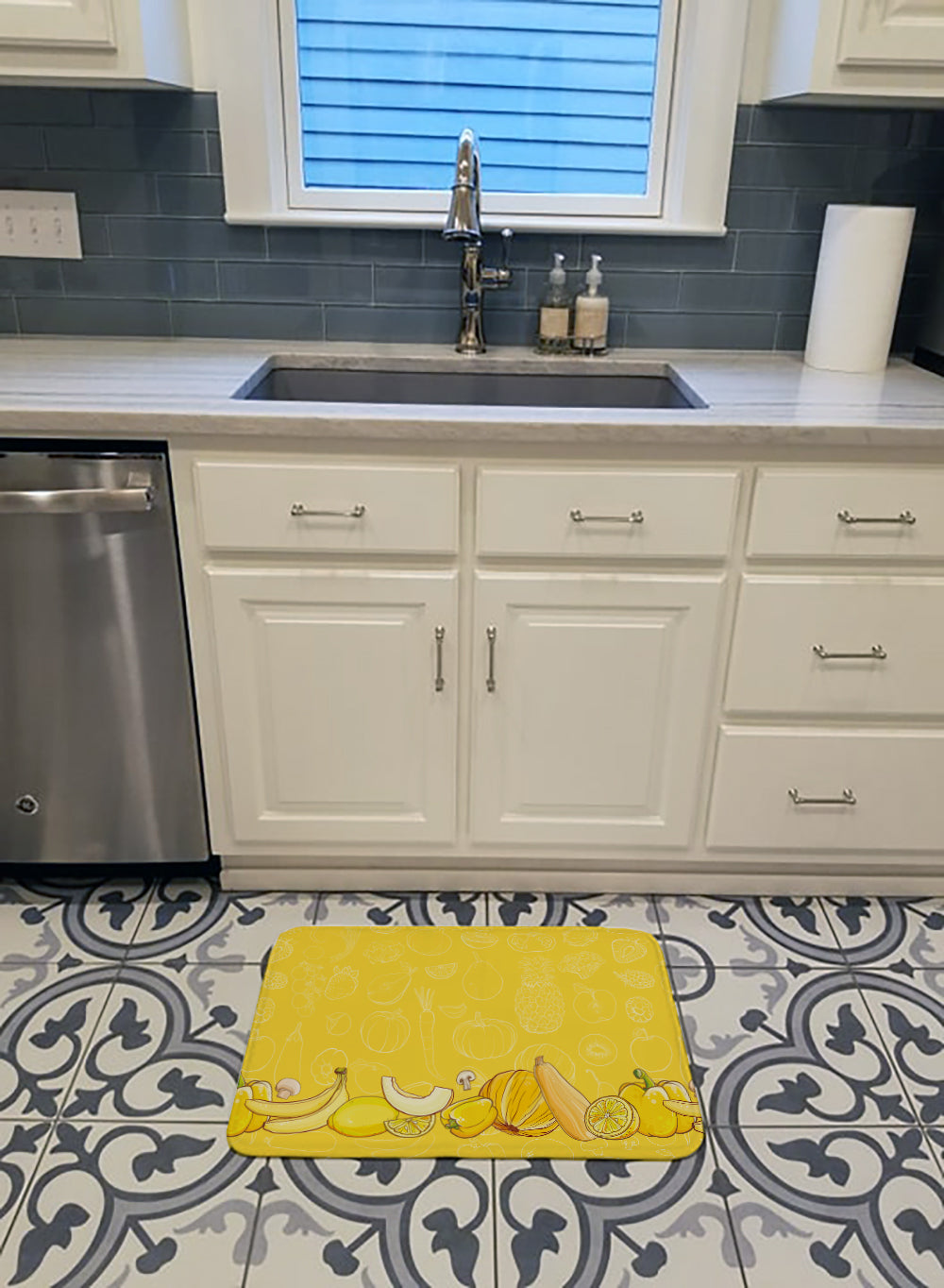 Fruits and Vegetables in Yellow Machine Washable Memory Foam Mat BB5134RUG - the-store.com