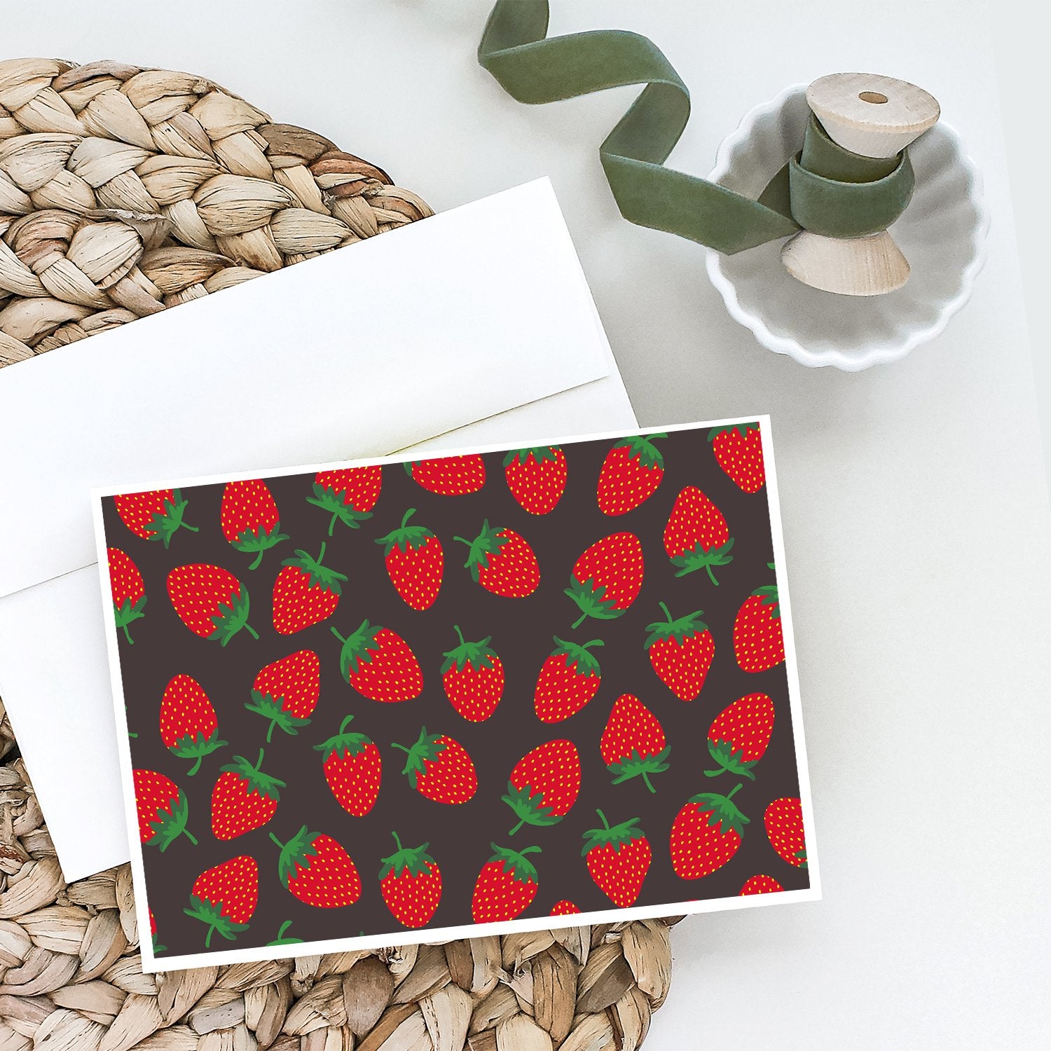 Strawberries on Gray Greeting Cards and Envelopes Pack of 8 - the-store.com