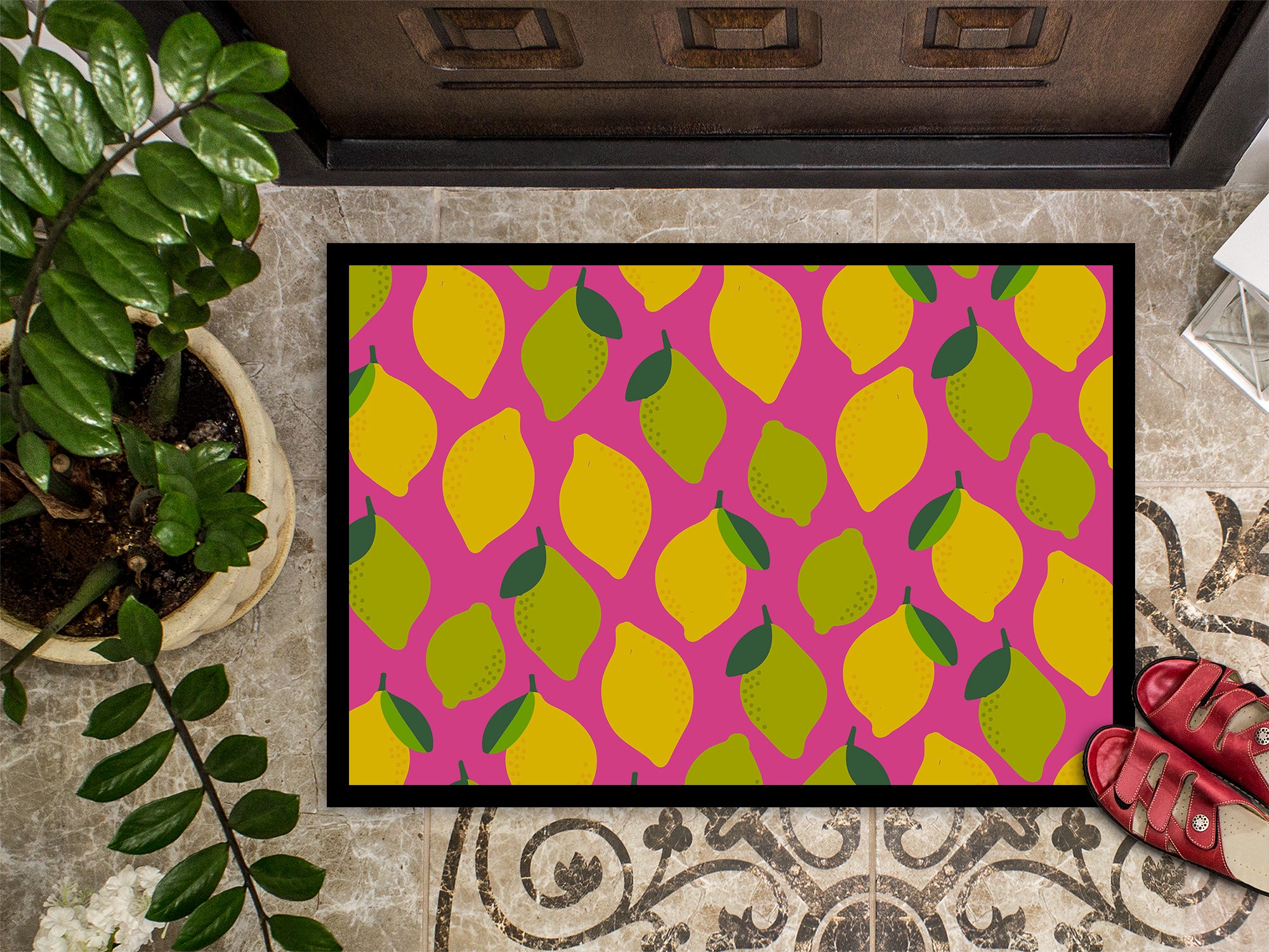 Lemons and Limes on Pink Indoor or Outdoor Mat 18x27 BB5143MAT - the-store.com