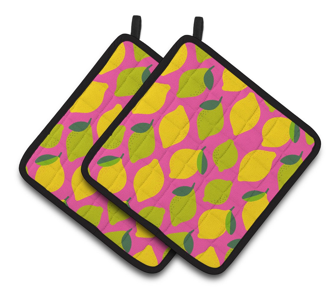 Lemons and Limes on Pink Pair of Pot Holders BB5143PTHD by Caroline&#39;s Treasures