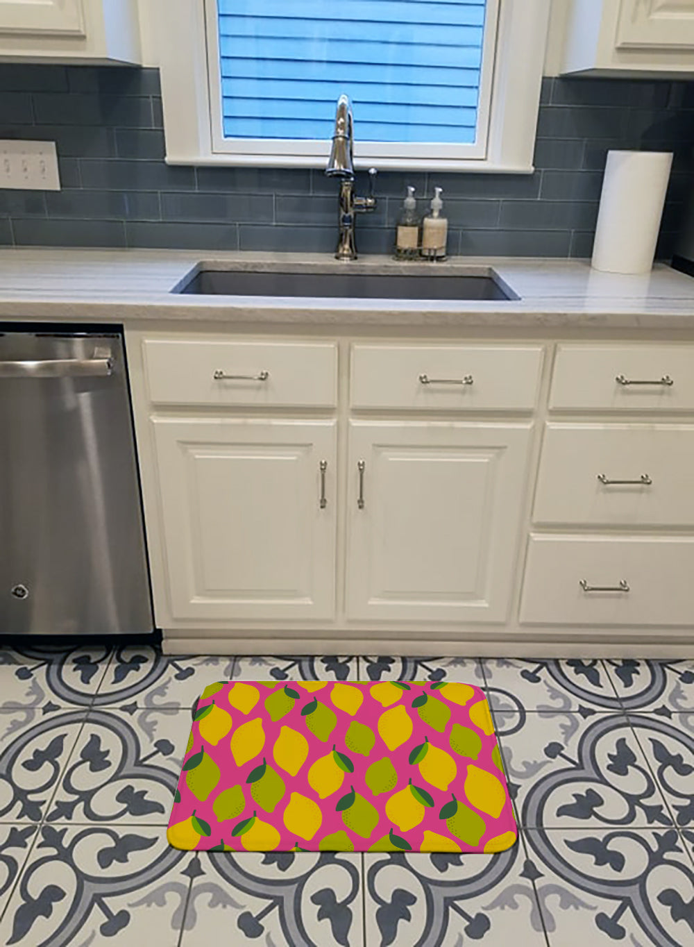 Lemons and Limes on Pink Machine Washable Memory Foam Mat BB5143RUG - the-store.com
