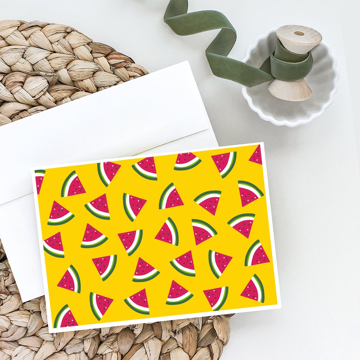Caroline's Treasures Watermelon on Yellow Greeting Cards - Blank Note Cards – 8-Pack of Artist-Designed Cards with Envelopes