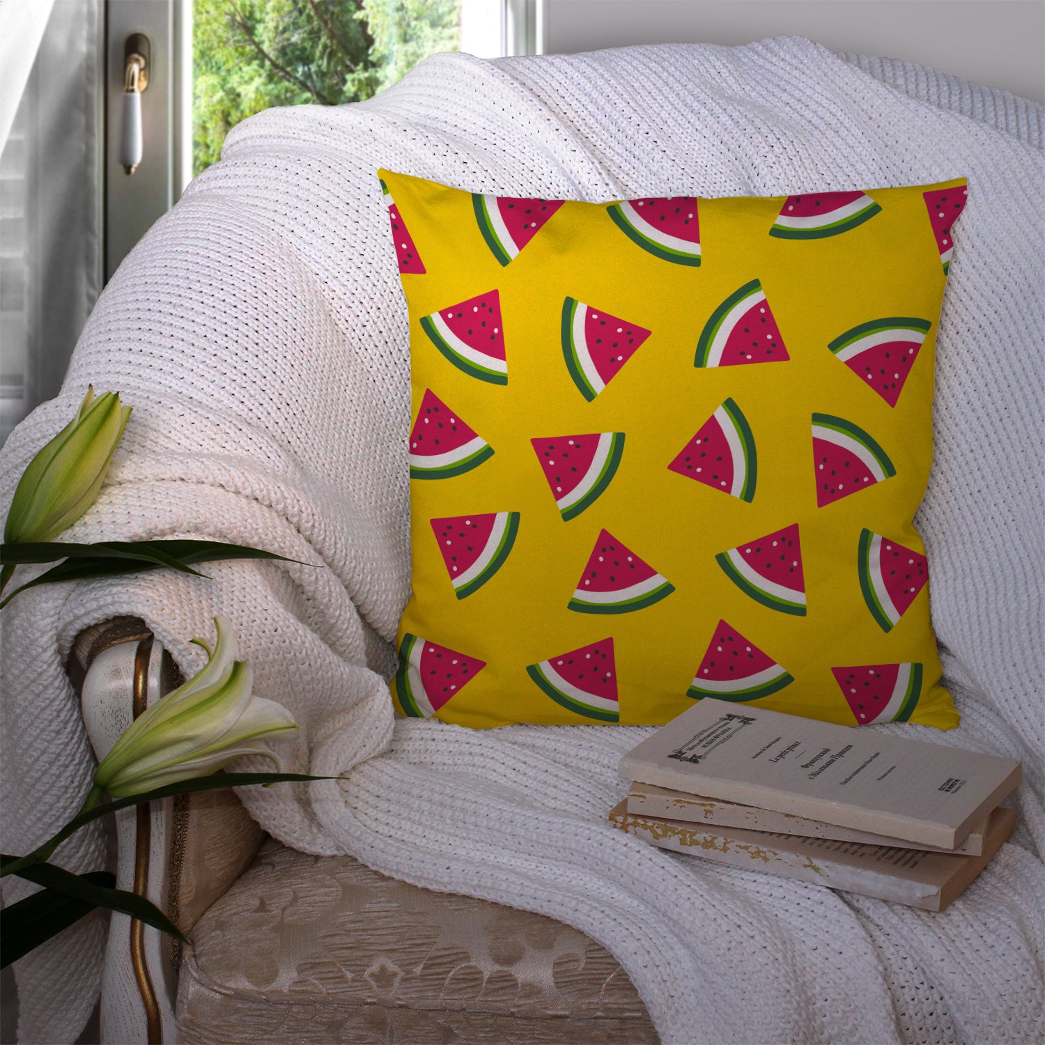 Watermelon on Yellow Fabric Decorative Pillow BB5144PW1414 - the-store.com