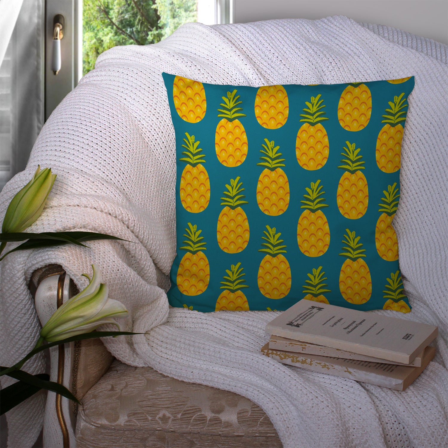 Pineapples on Teal Fabric Decorative Pillow BB5145PW1414 - the-store.com