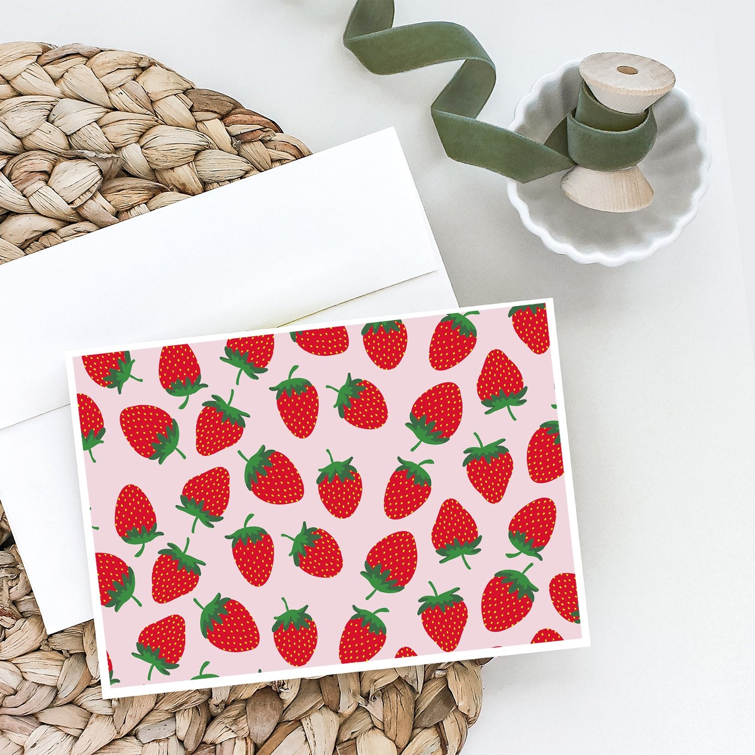 Strawberries on Pink Greeting Cards and Envelopes Pack of 8 - the-store.com