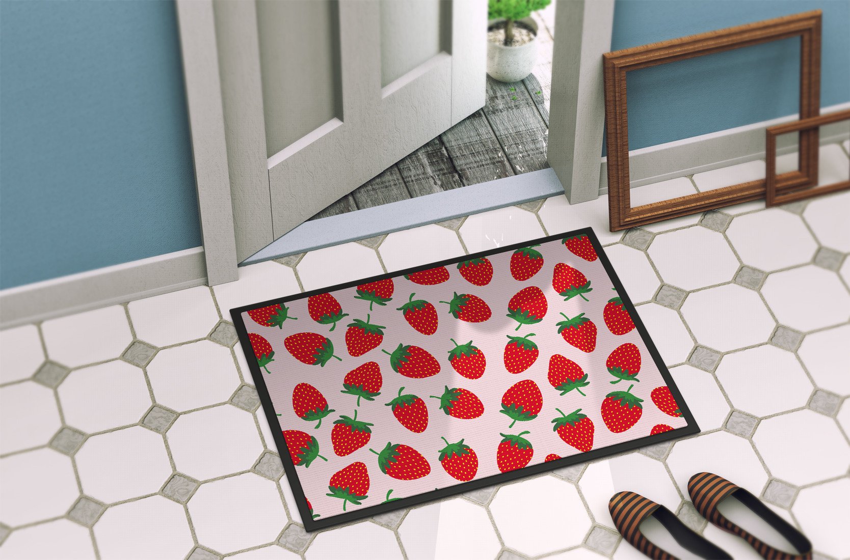 Strawberries on Pink Indoor or Outdoor Mat 24x36 BB5146JMAT by Caroline's Treasures