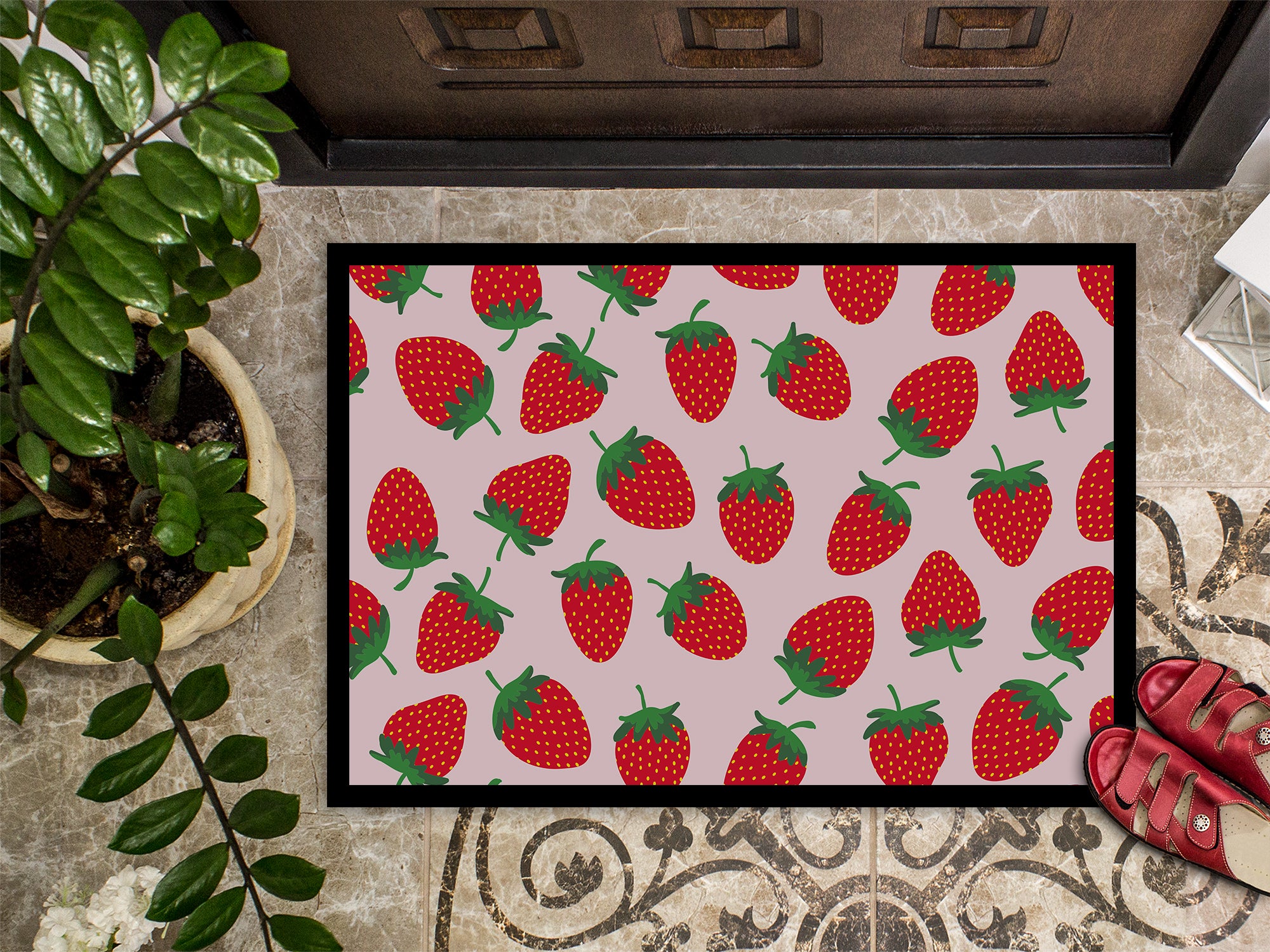 Strawberries on Pink Indoor or Outdoor Mat 18x27 BB5146MAT - the-store.com