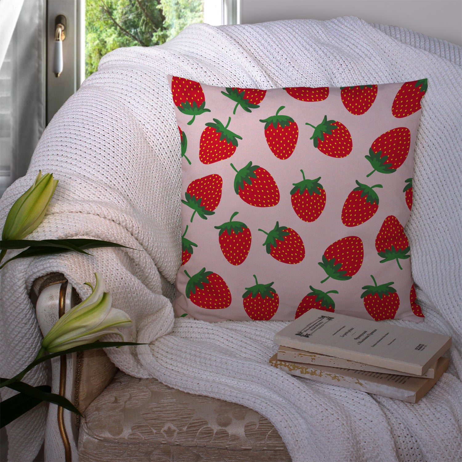 Strawberries on Pink Fabric Decorative Pillow BB5146PW1414 - the-store.com