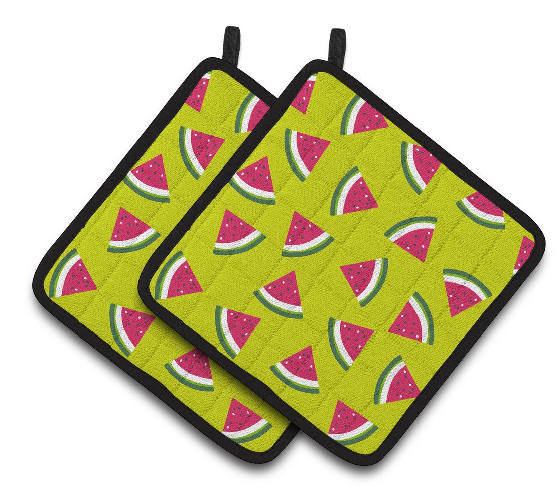 Watermelon on Lime Green Pair of Pot Holders BB5151PTHD by Caroline&#39;s Treasures