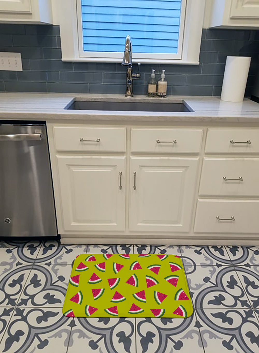 Watermelon on Lime Green Machine Washable Memory Foam Mat BB5151RUG - the-store.com