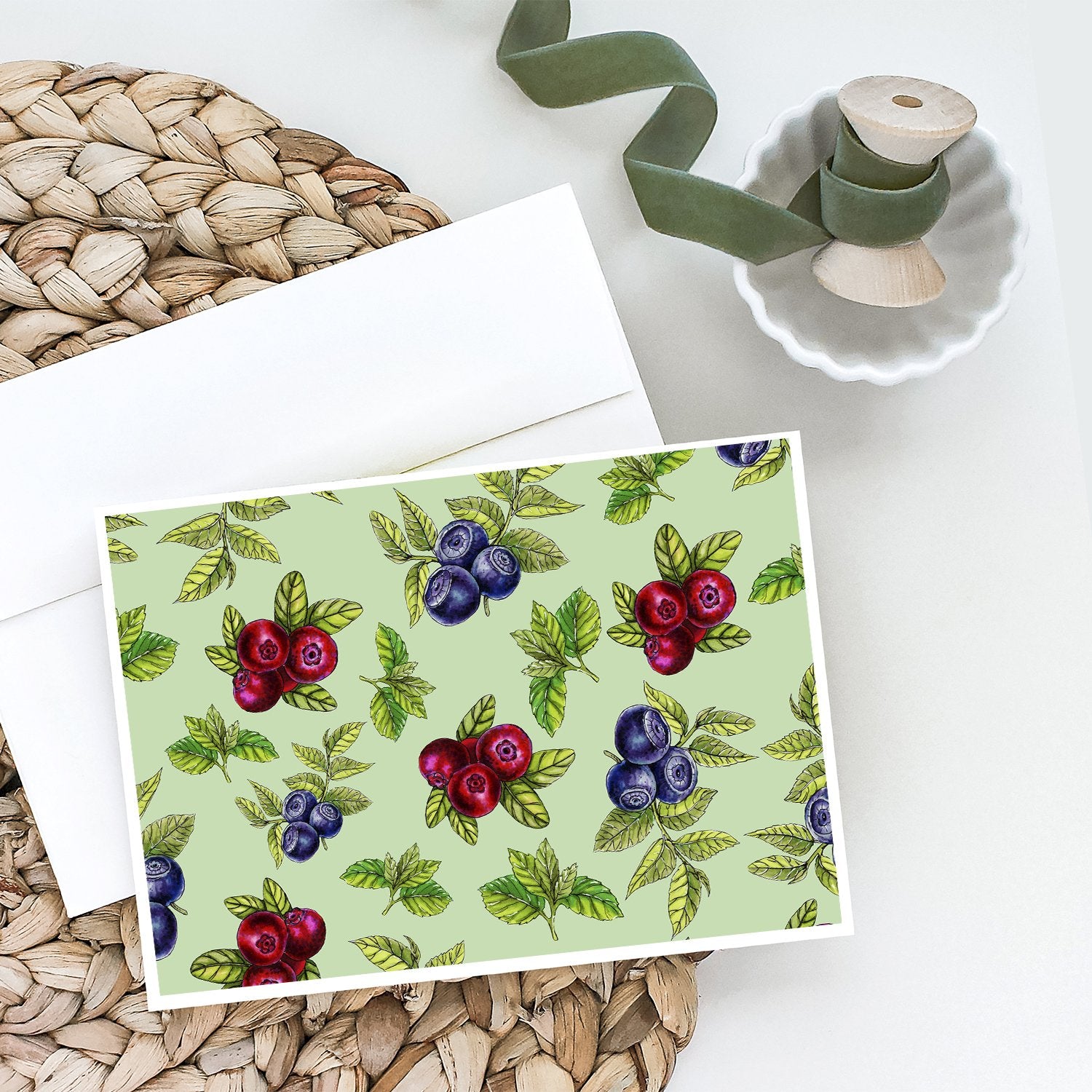 Berries in Green Greeting Cards and Envelopes Pack of 8 - the-store.com